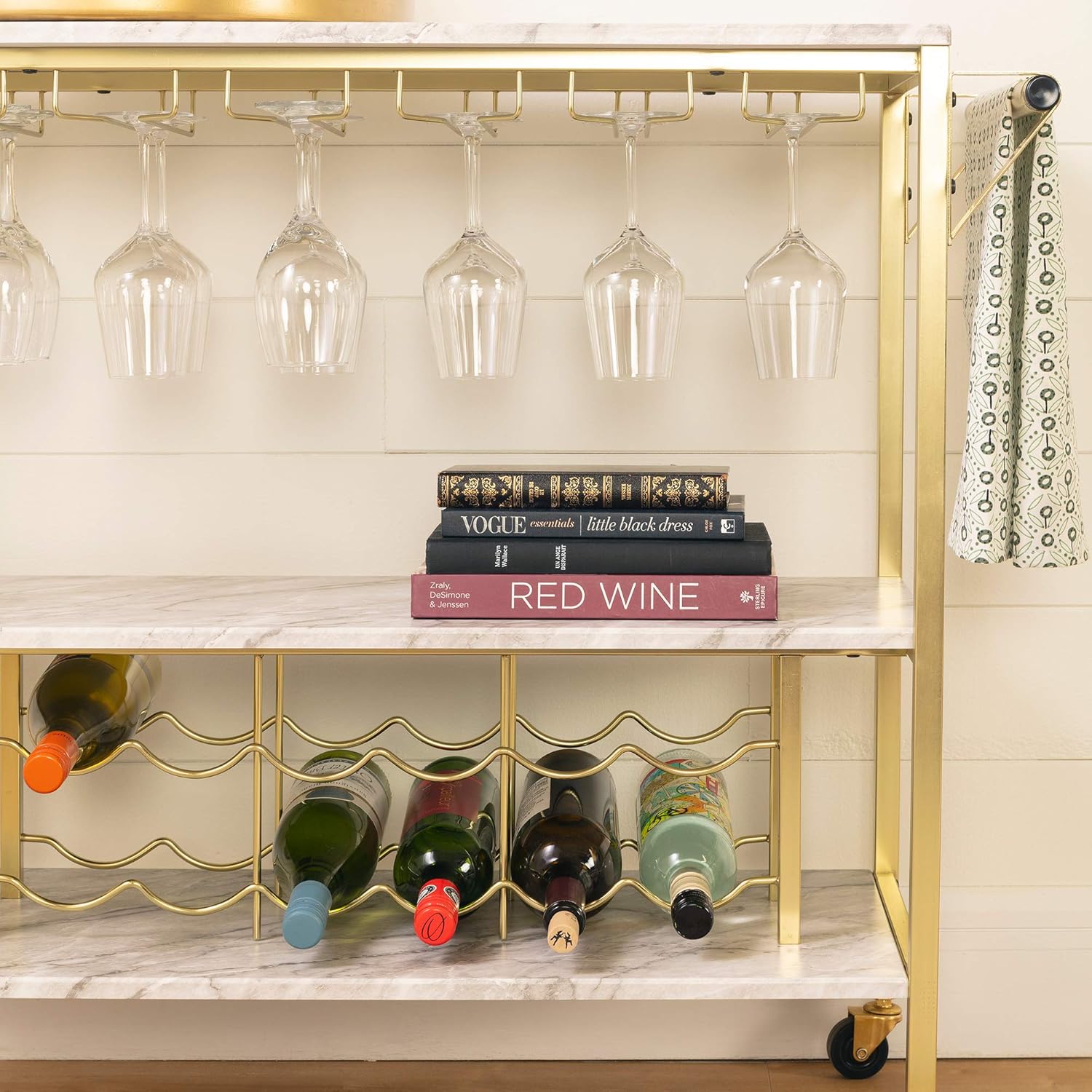 South Shore Maliza Bar Cart Bottle Storage and Wine Glass Rack-Faux Marble and Gold : Everything Else