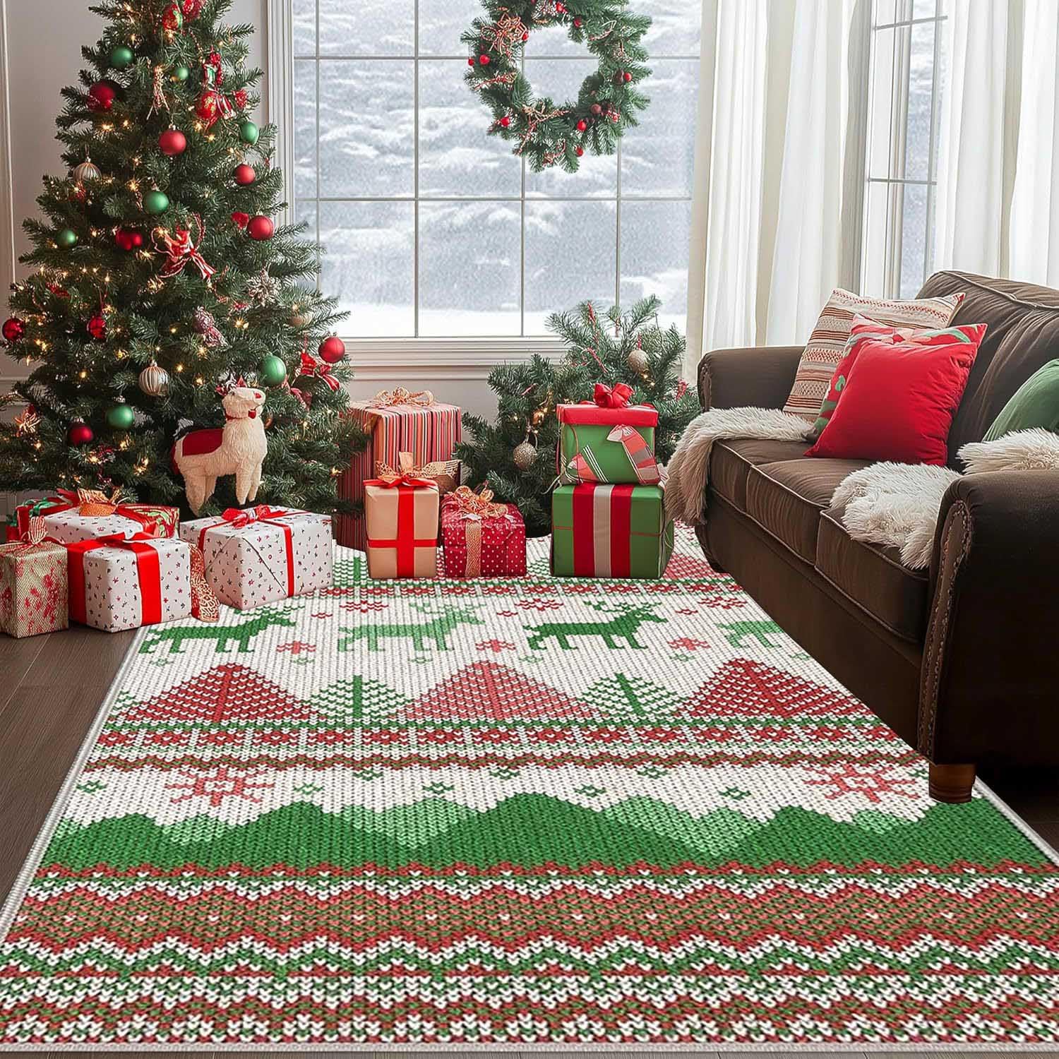 Alfombra Grande Salon con Diseño de árboles de Navidad y Renos Alfombra de Cocina Antideslizante Lavable Navideñas Alfombra Navidad de Decoración para Salon Entrada Cocina Baño,80x120cm
