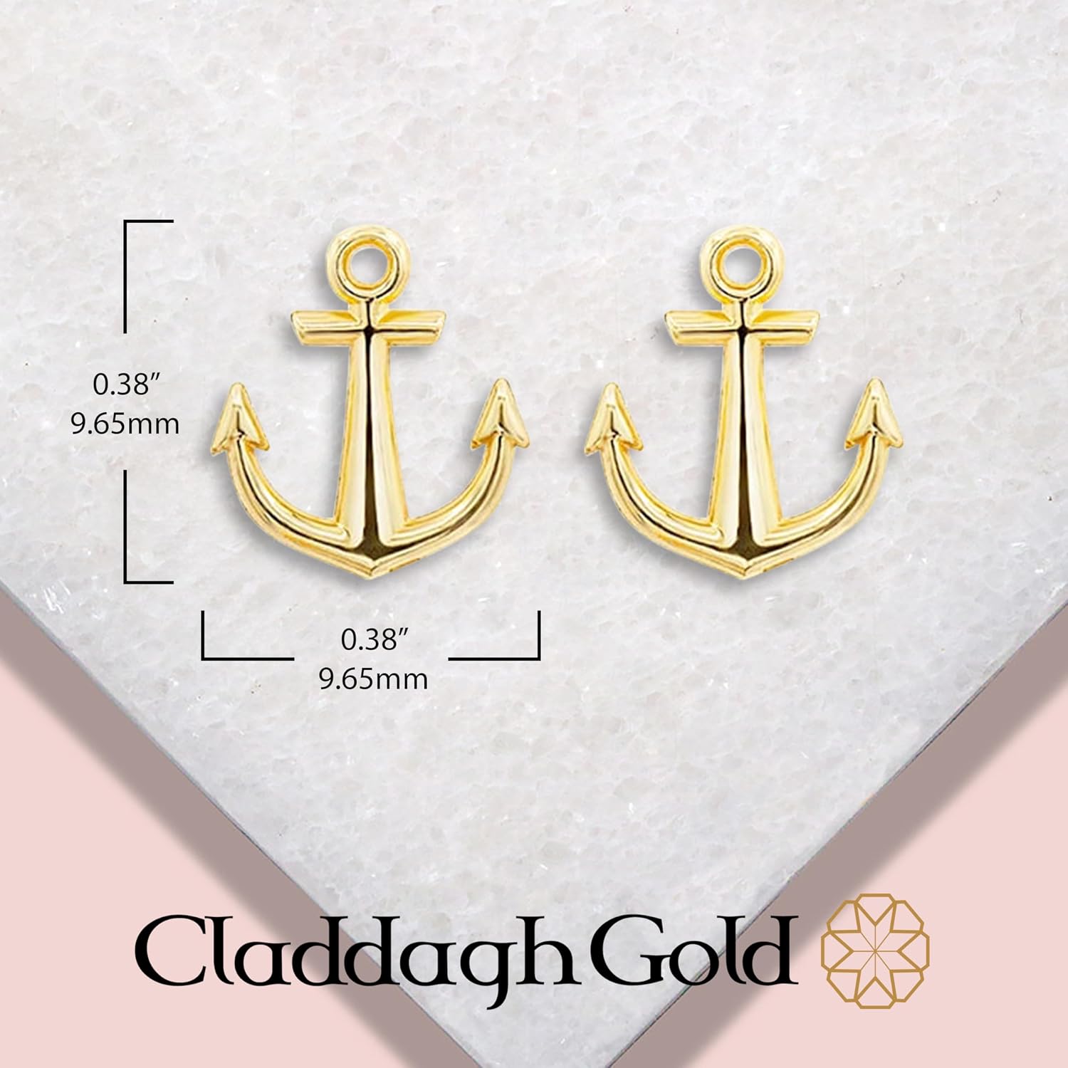 Womens Yellow Gold Anchor Stud Earrings 0.38"