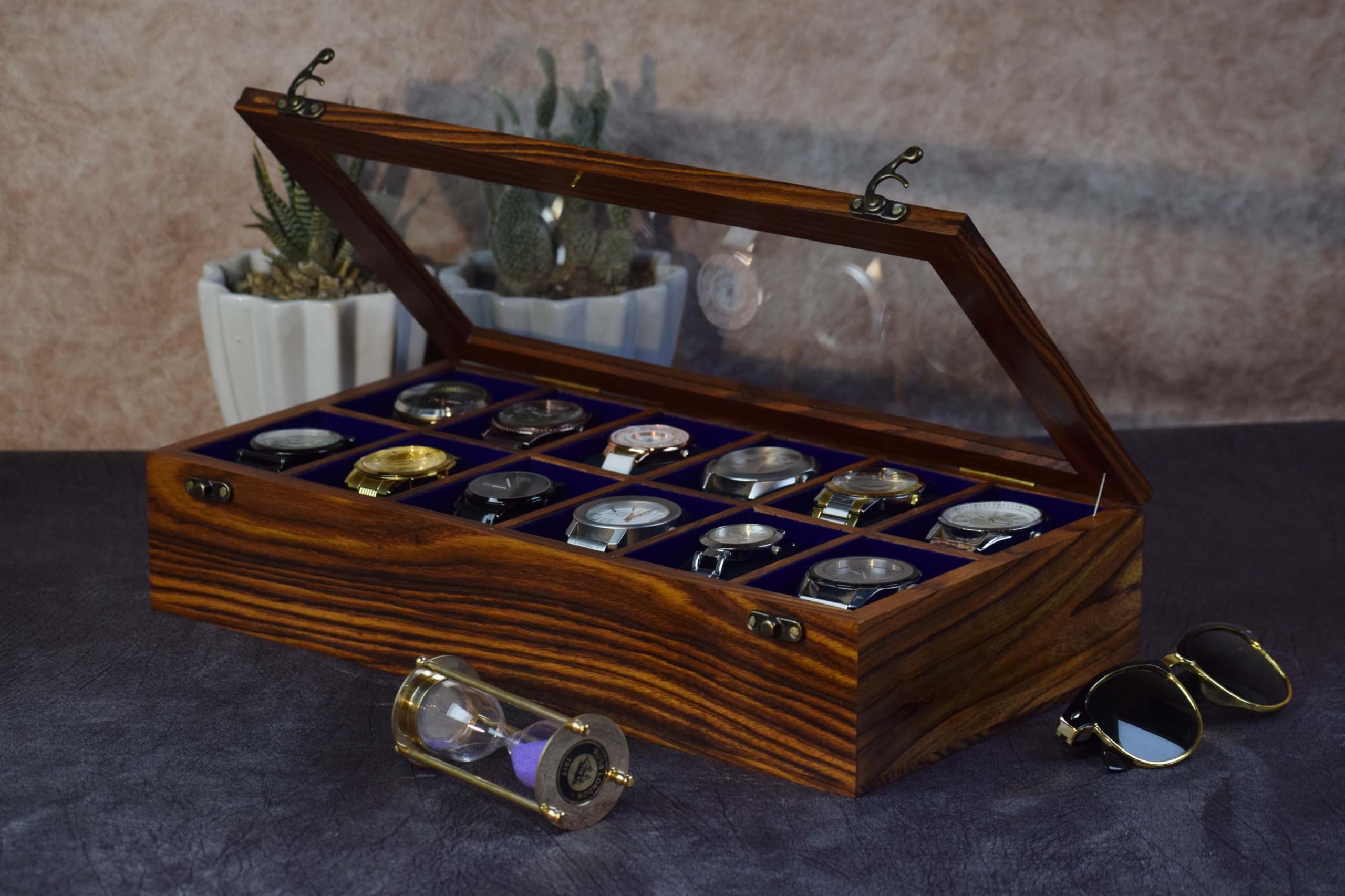 Indian Long-Lasting Wooden Watch Case – Luxury Organizer for 12 Large Men's & Women's Wrist watches – Superior Rosewood Velvet-Lined Glass Display Box - Best gift for him