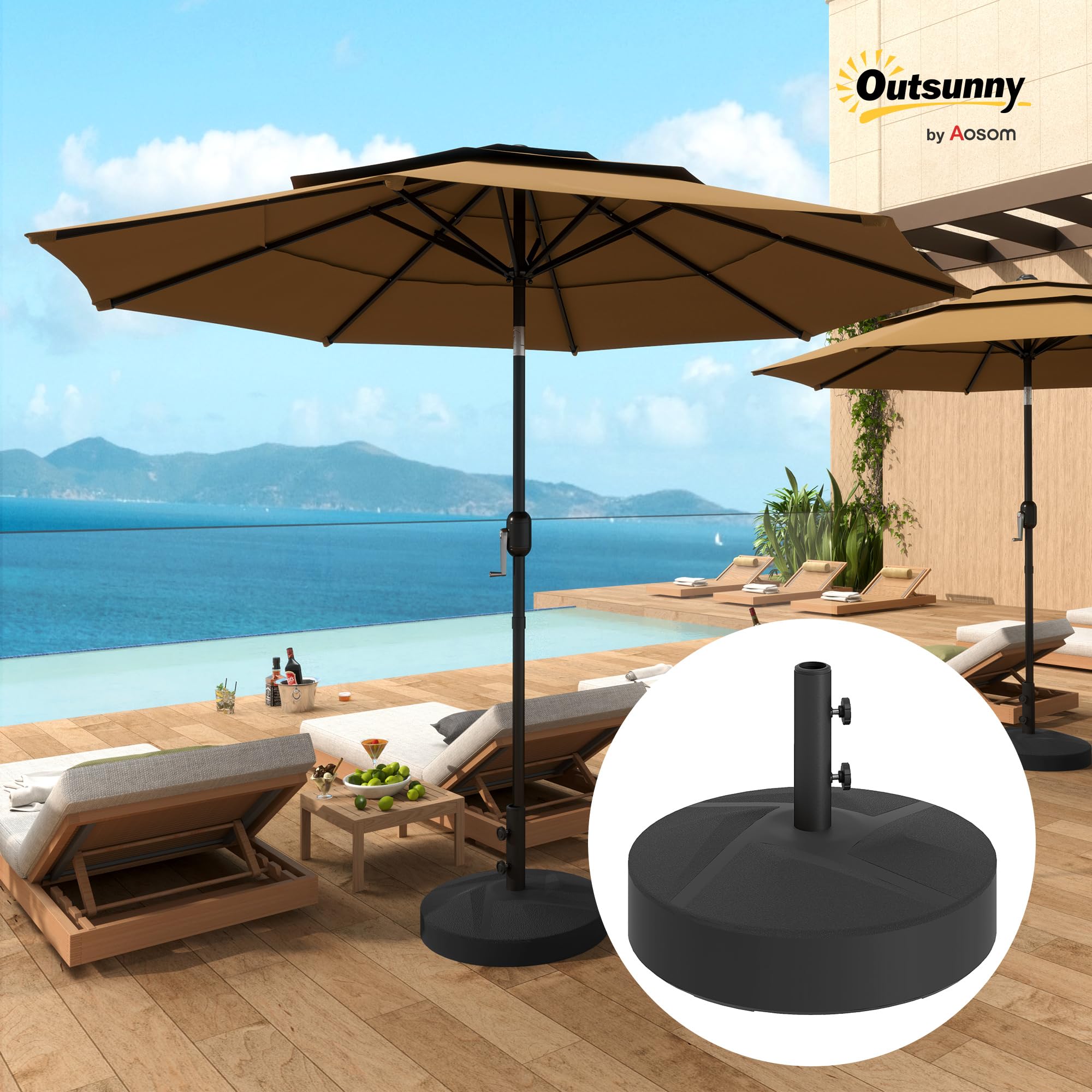 Outsunny Base para Sombrilla Redonda Soporte 25L o Arena 30kg Negro | Pie para Sombrilla, Rellenable con Agua, Jardín Terraza