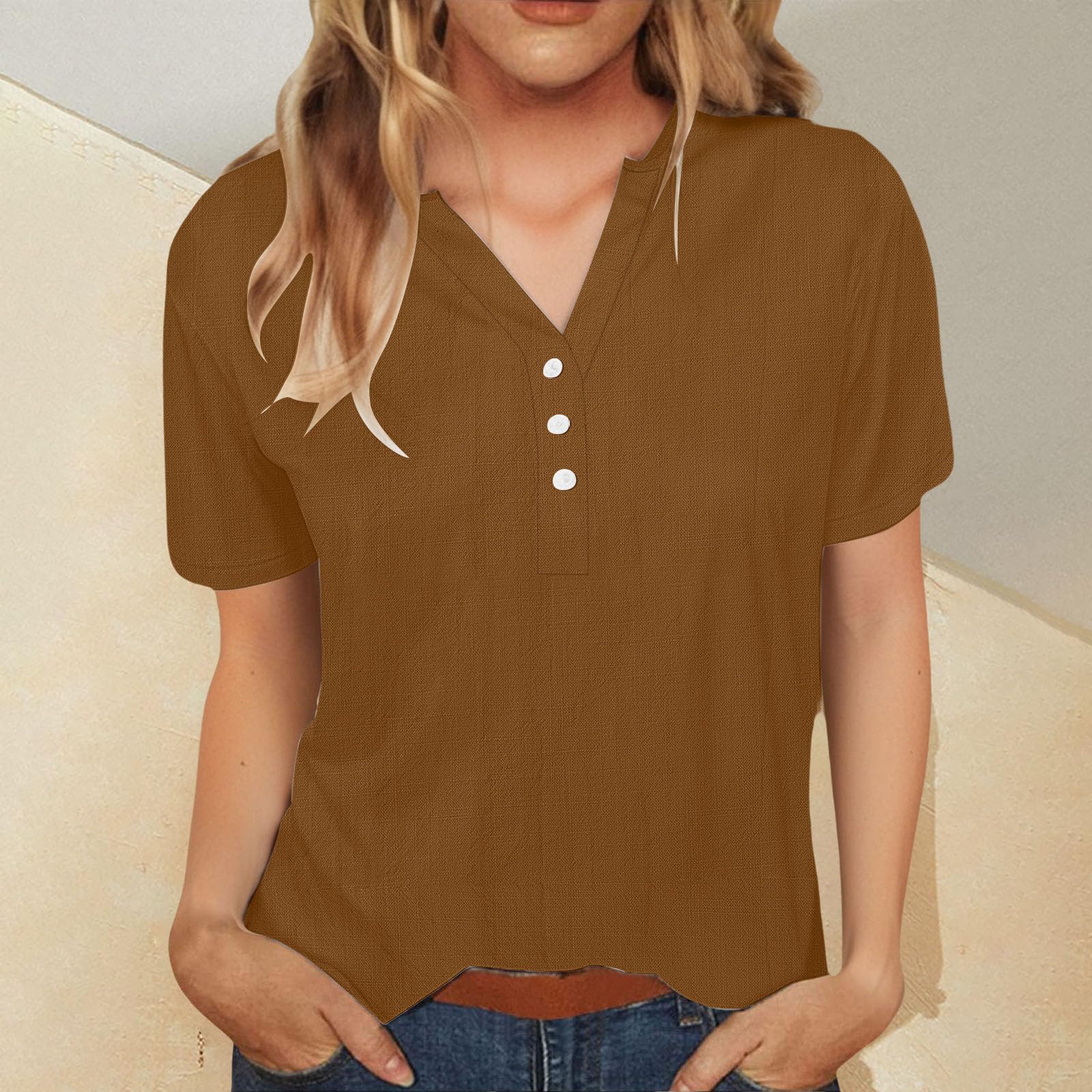 Casual Cotton Linen Tshirts Shirts for Women Loose Fit V Neck Short Sleeve Plain Button Up Blouses Ladies Summer Tops Brown