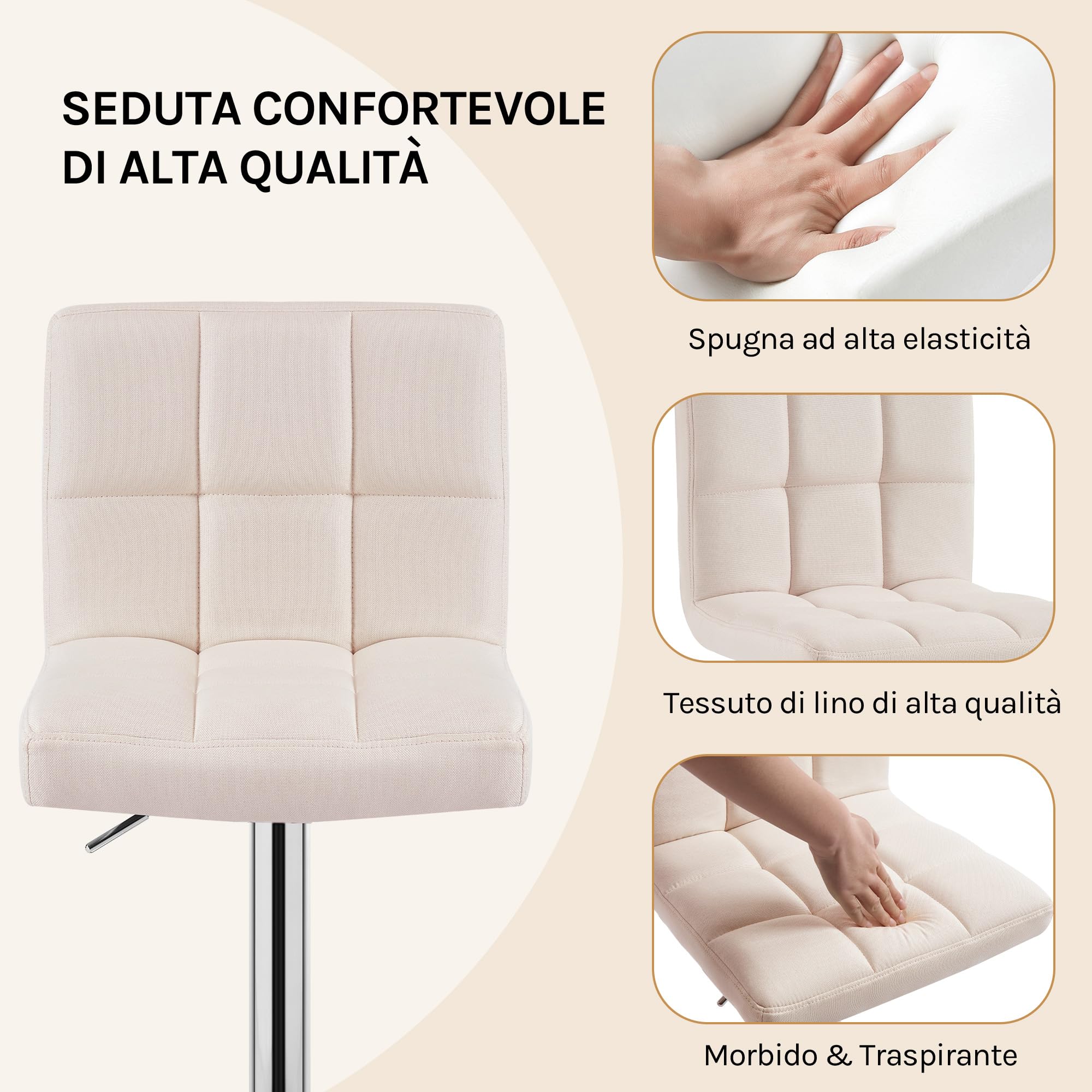 WOLTU Coppia Sgabelli da Bar, Sedia Alta Cucina con Schienale e Poggiapiedi, Moderni Design Sgabello Altezza Regolabile e Girevole, per penisola cucina, Bancone, Tessuto di Lino, Crema