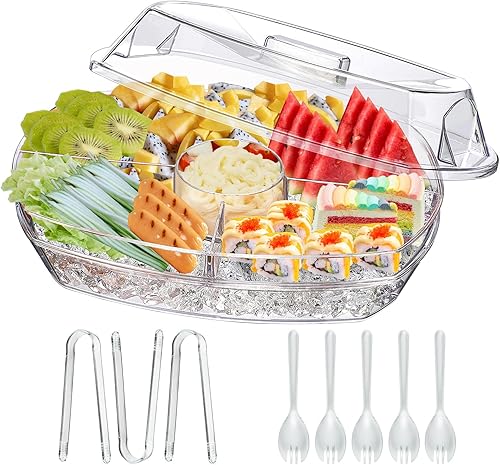 Miniatura 7 de Bandeja de condimentos refrigerados, cesta de frutas de bar con tapa y 5 compartimentos extraíbles, bandeja transparente para servir condimentos de