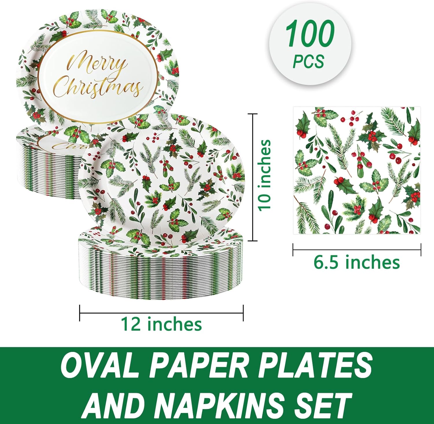 100Pcs Christmas Oval Paper Plates and Napkins Set -10" x 12" Large Disposable Party Plates for Christmas Party Dinner Tableware Decoration Supplies - Image 2