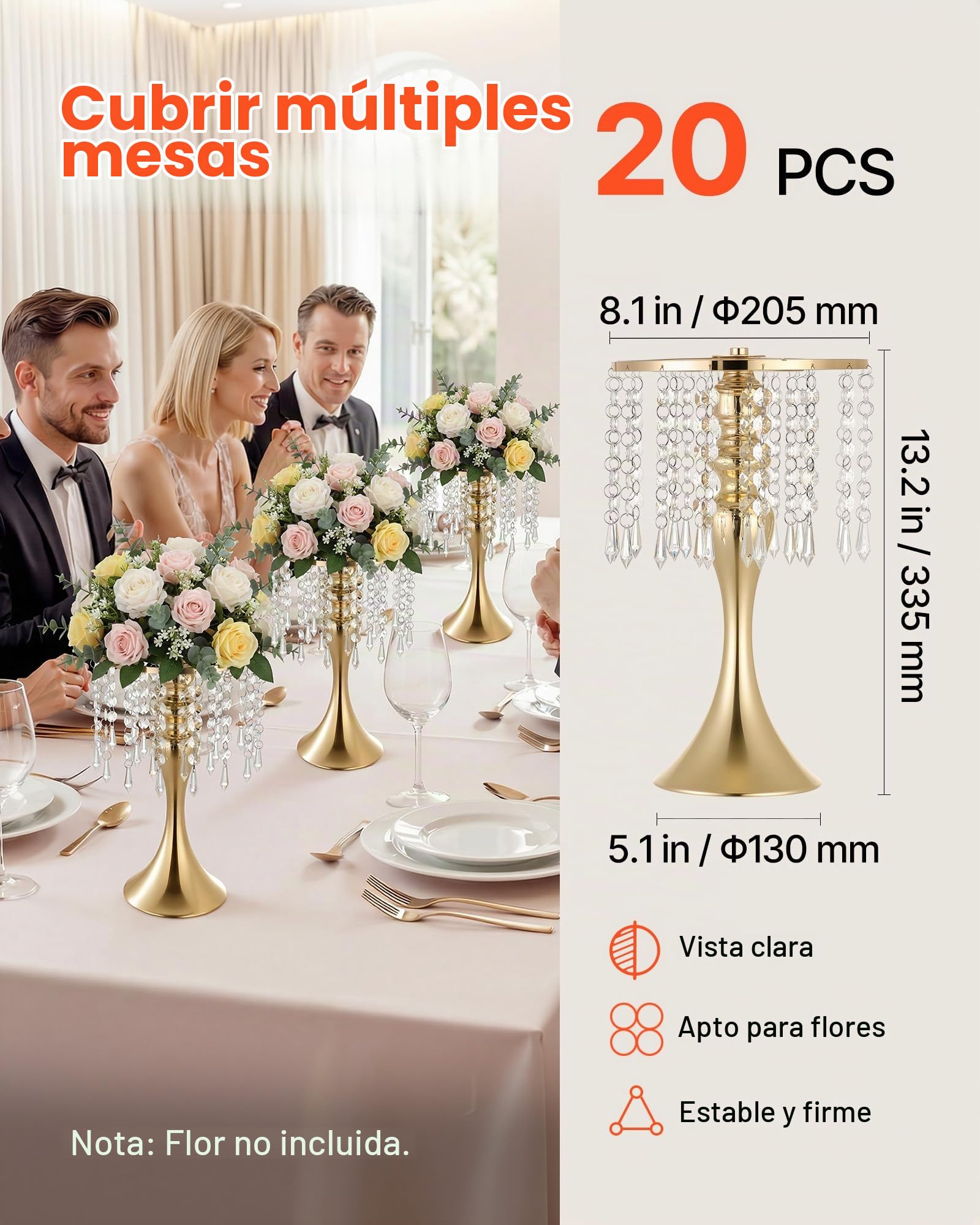 VEVOR Jarrones Decorativos, Paquete de 20 Piezas, Floreros de Metal Dorados con Cadena de Cristal, Altura de 33,5 cm, Centro de Mesa para Boda, Decoración para Banquete Ceremonia Fiesta Recepción