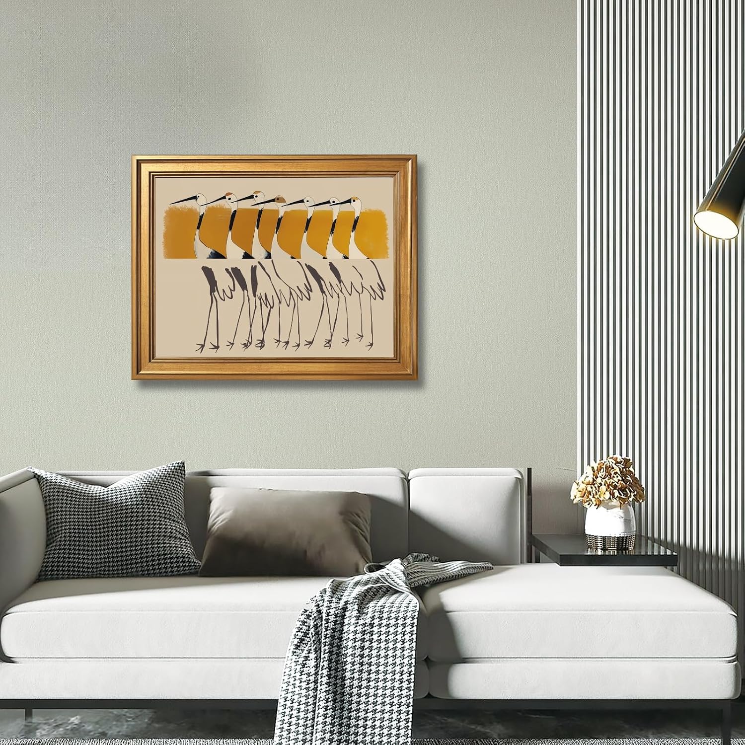Large Framed Abstract Cranes Wall Art Canvas Print Modern Beige and Yellow Bird Illustration Poster Artwork Painting Minimalist Japandi Picture Decor for Living Room Bedroom Office 24x36inch