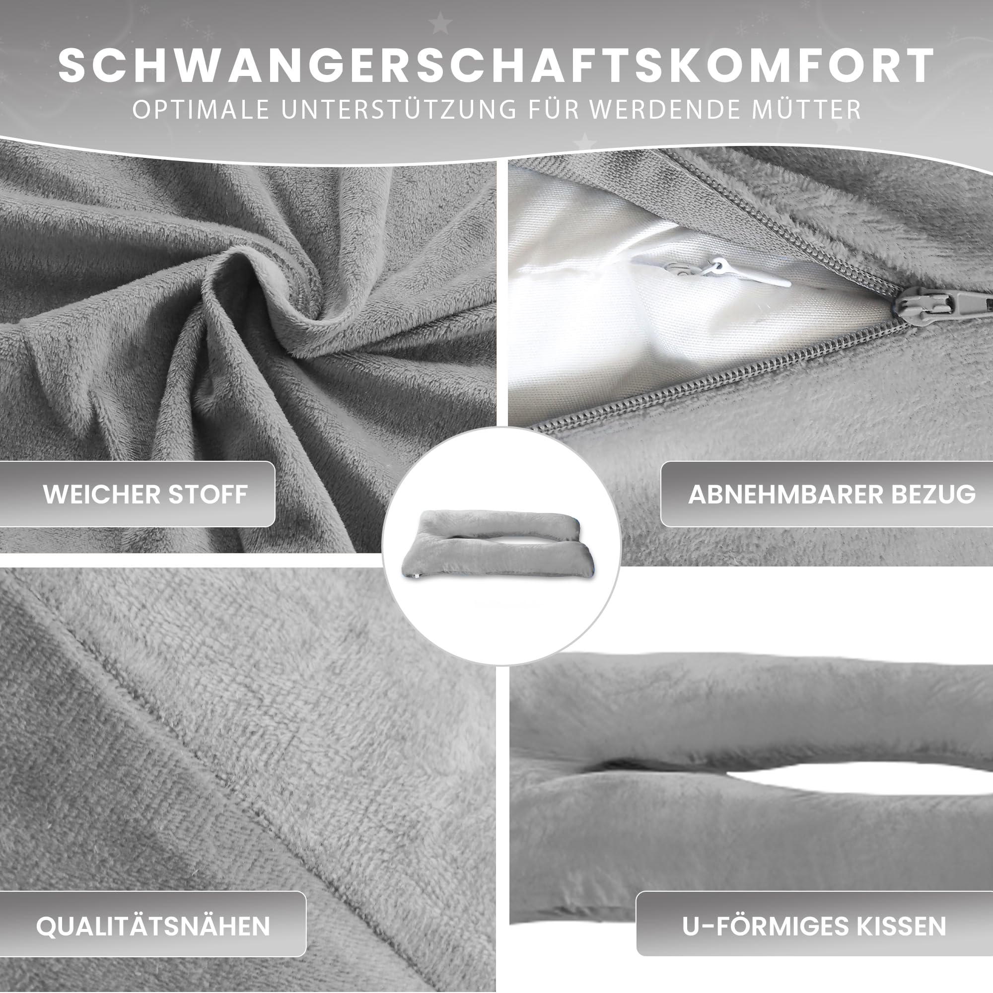 bananair - Schwangerschaftskissen und Stillkissen in U-Form - Weich & Bequem - Entlastet Rücken & Nacken, Seitenschläferkissen - Abnehmbarer Bezug & Maschinenwaschbar (140 x 80 cm, Grau, Samt)