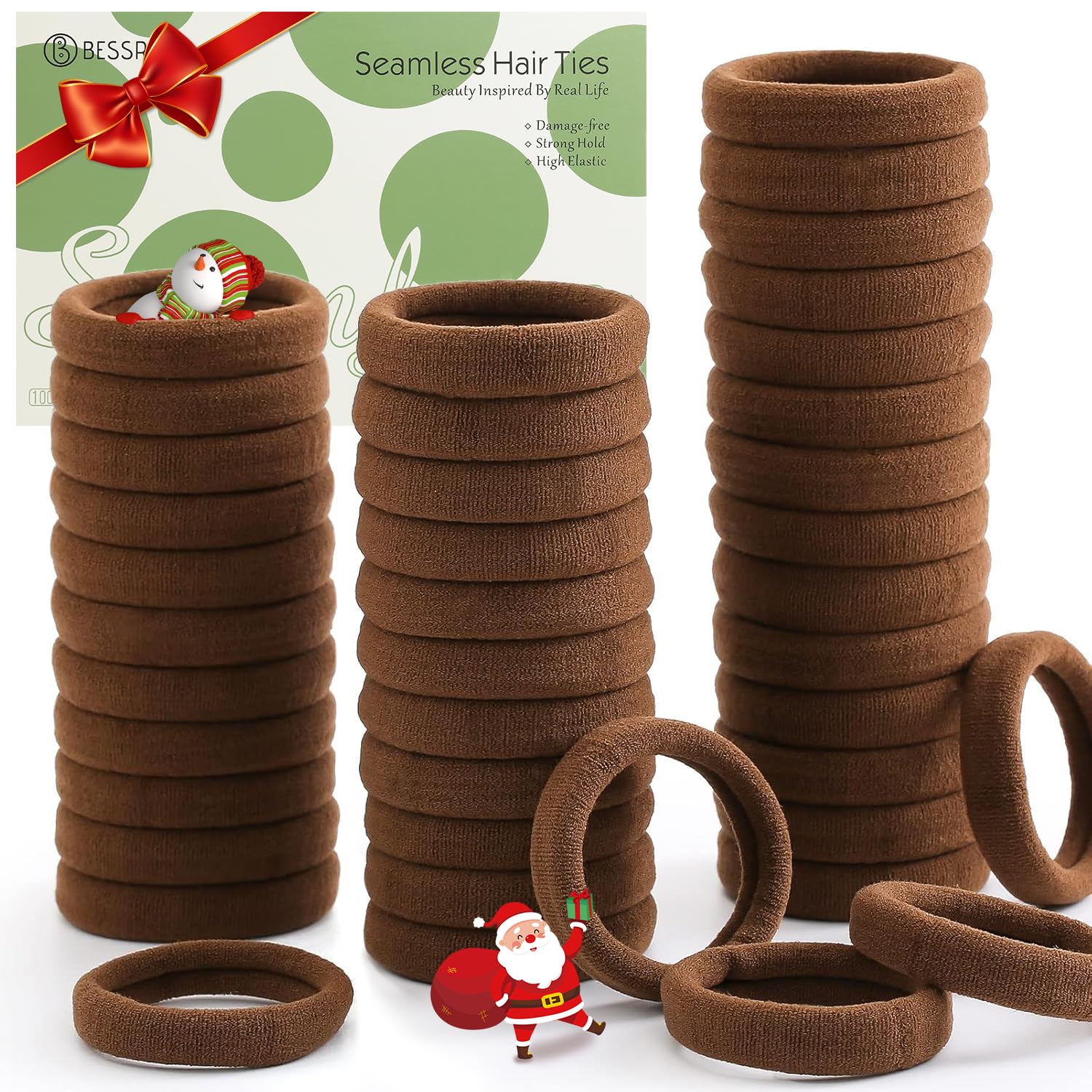 100 Pcs Thick Seamless Hair Ties, Ponytail Holders Hair Accessories No Damage for Thick Hair Christmas Gift(Dark Brown Colors)
