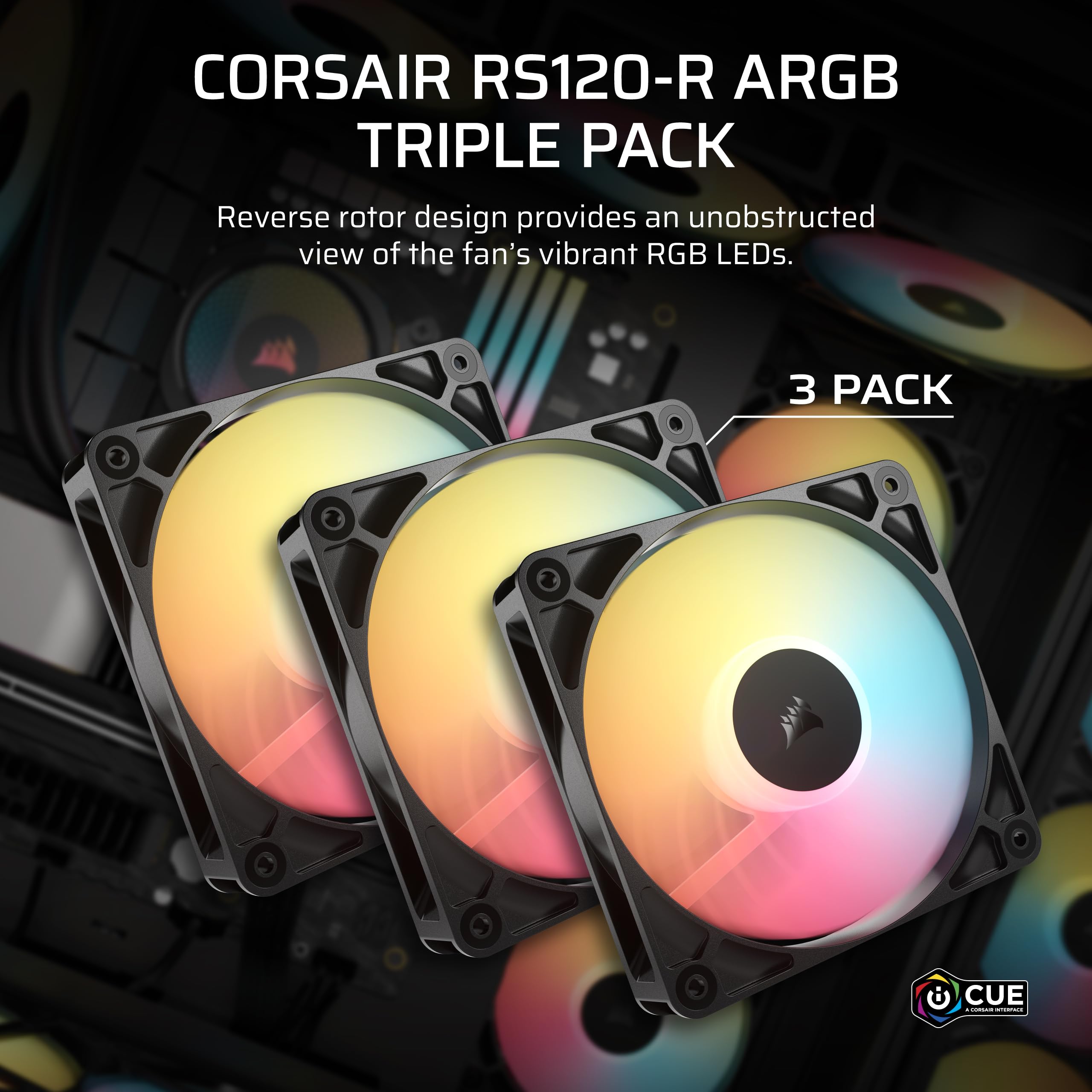 CORSAIR RS120-R ARGB 120 mm PWM Wentylatorów o Odwróconym Przepływie – Odwrócone Łopatki Wentylatora, 8 Diod LED RGB — Wysokie Ciśnienie Statyczne, Tryb Zero RPM – Zestaw Potrójny – Czarny