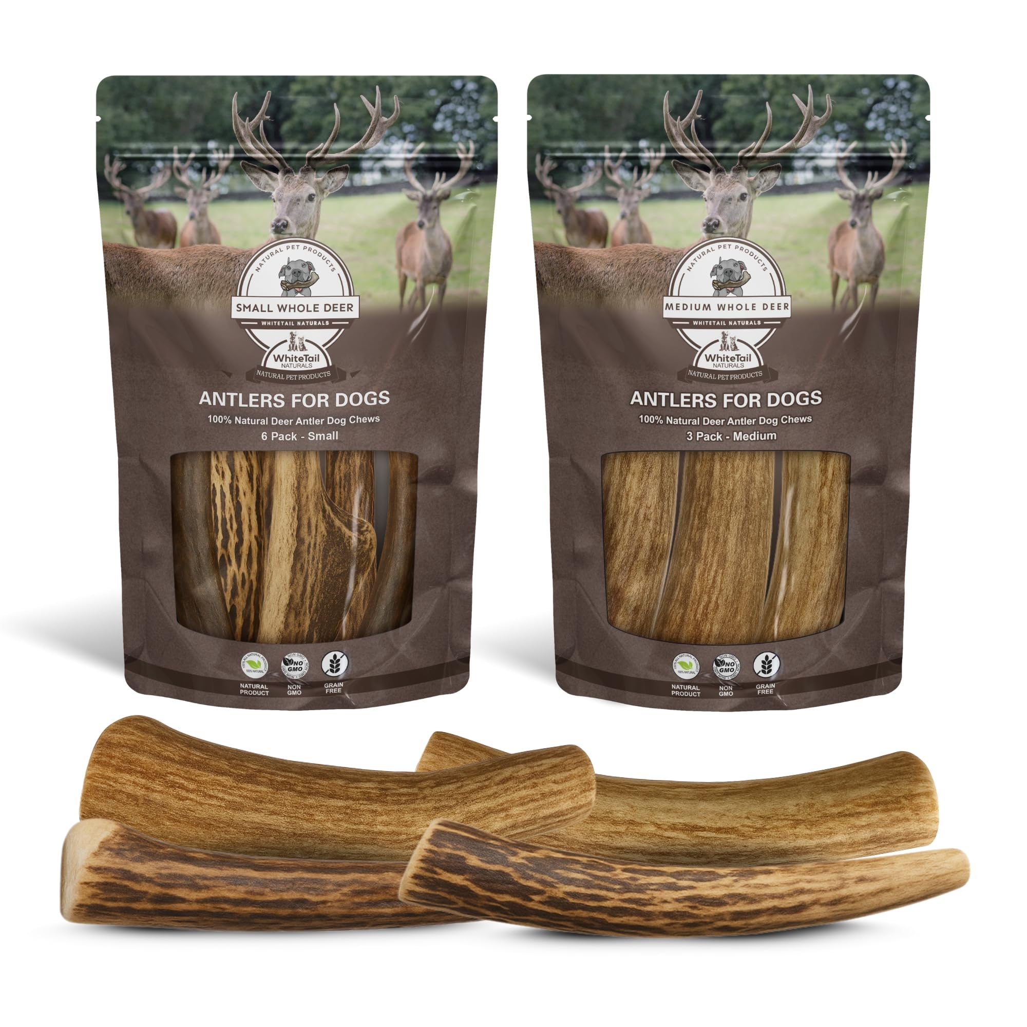 WhiteTail Naturals Deer Antlers for Dogs Naturally Shed Bundle Includes 3-Pack Medium 5 6 6-Pack Small 4 6