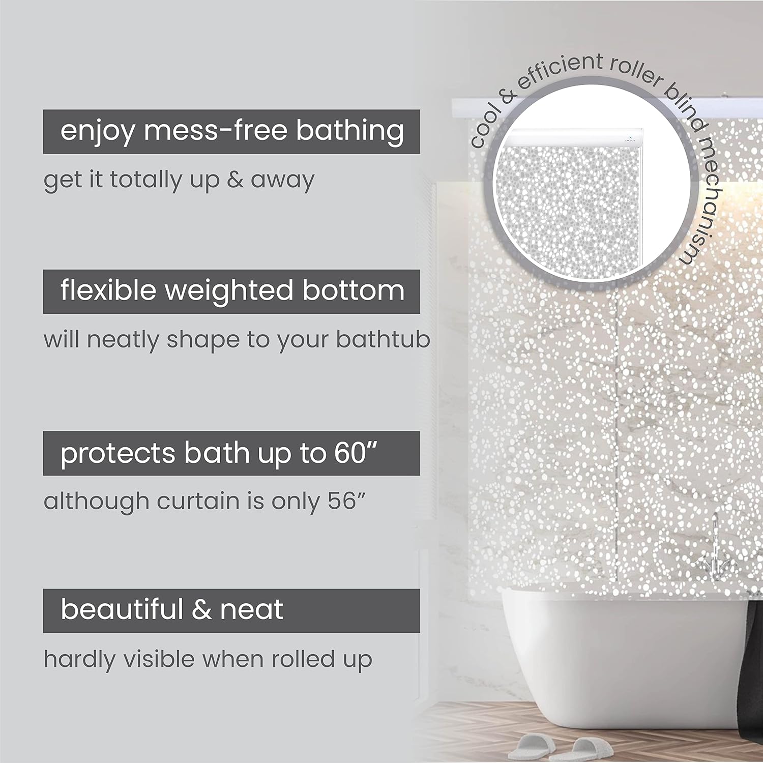 Rollup Shower Curtain for Bathroom. Waterproof, 100% PEVA, Heavy Duty Ceiling Mounted Shower Curtain Roller Blind for Bathtub. No Rods, No Hooks, No Rings! (56x95) (Wave) Rollup Shower Curtain for Bathroom. Waterproof, 100% PEVA, Heavy Duty Ceiling Mounted Shower Curtain Roller Blind for Bathtub. No Rods, No Hooks, No Rings! (56x95) (Wave)