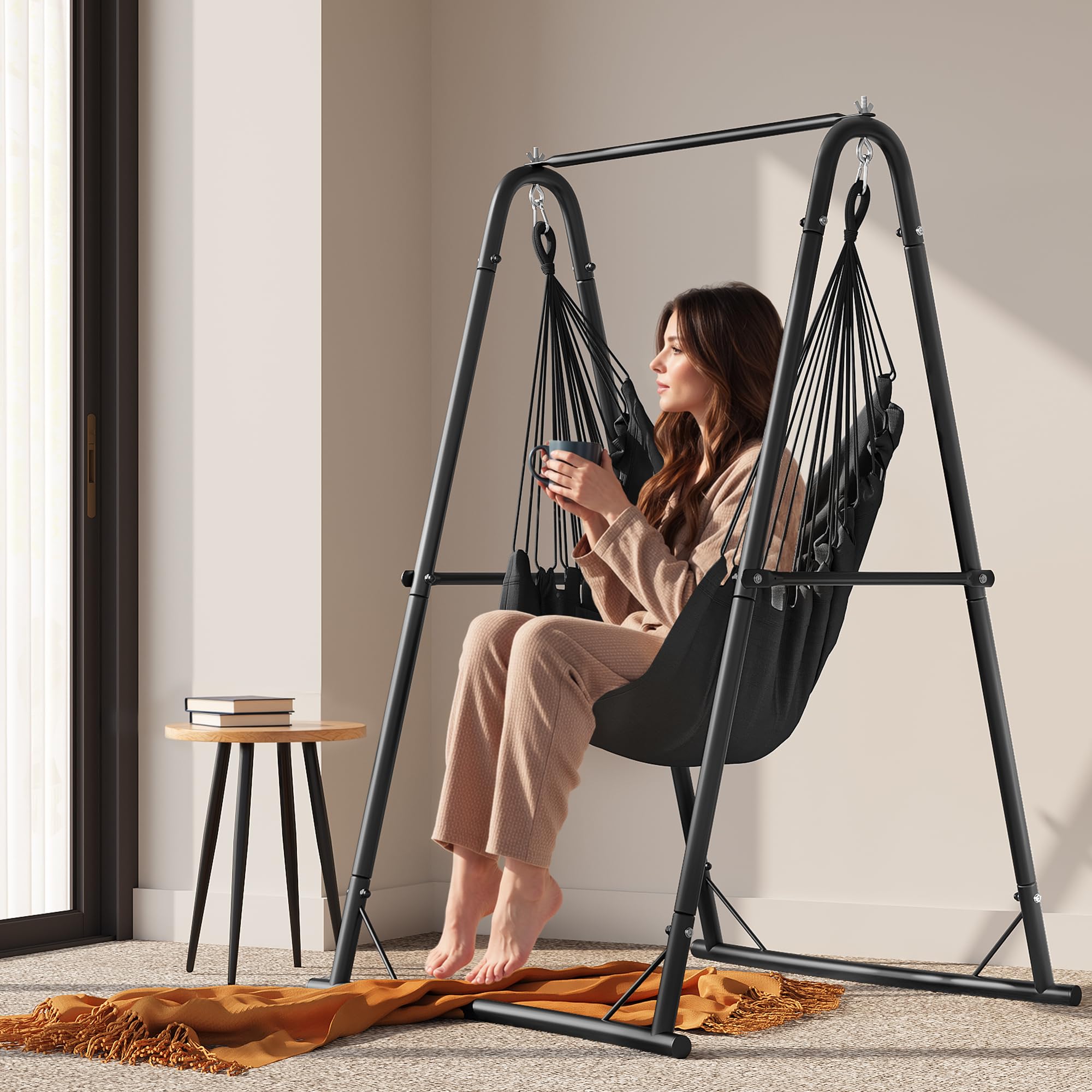YITAHOME Hamaca Colgante con Estructura de 105 x 93 x 160 cm, Estructura de Acero Estable, Soporte para Hamaca con Columpio Colgante, Carga máxima de 150 kg, Mecedora con 2 Ganchos y 2 Cojines de