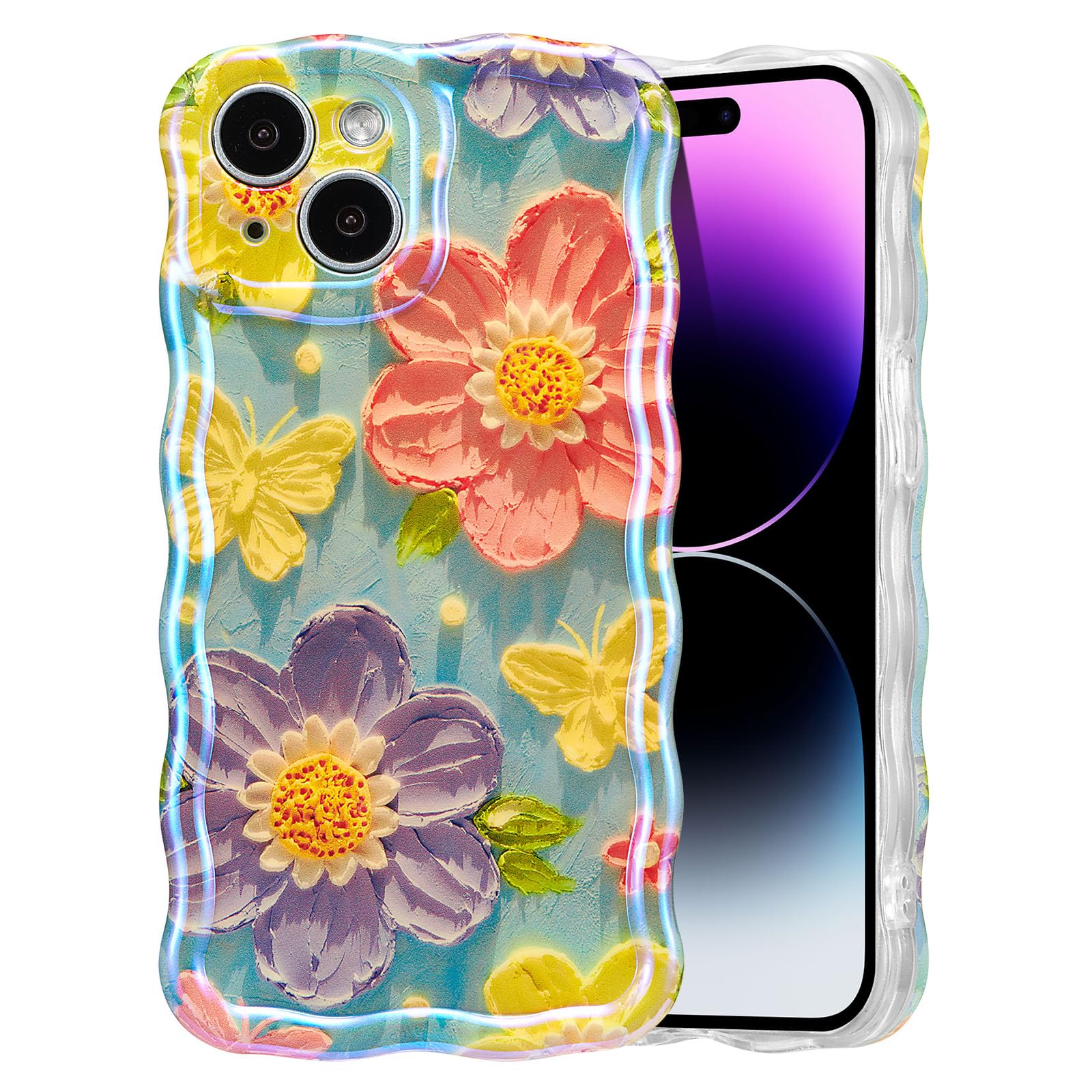 EYZUTAK Case for iPhone 15, Colorful Retro Oil Painting Flower Laser Beam Glossy Pattern Cute Curly Waves Border Exquisite Phone Cover Stylish Durable Soft TPU Protective Case for Girls Women - Green — view 60