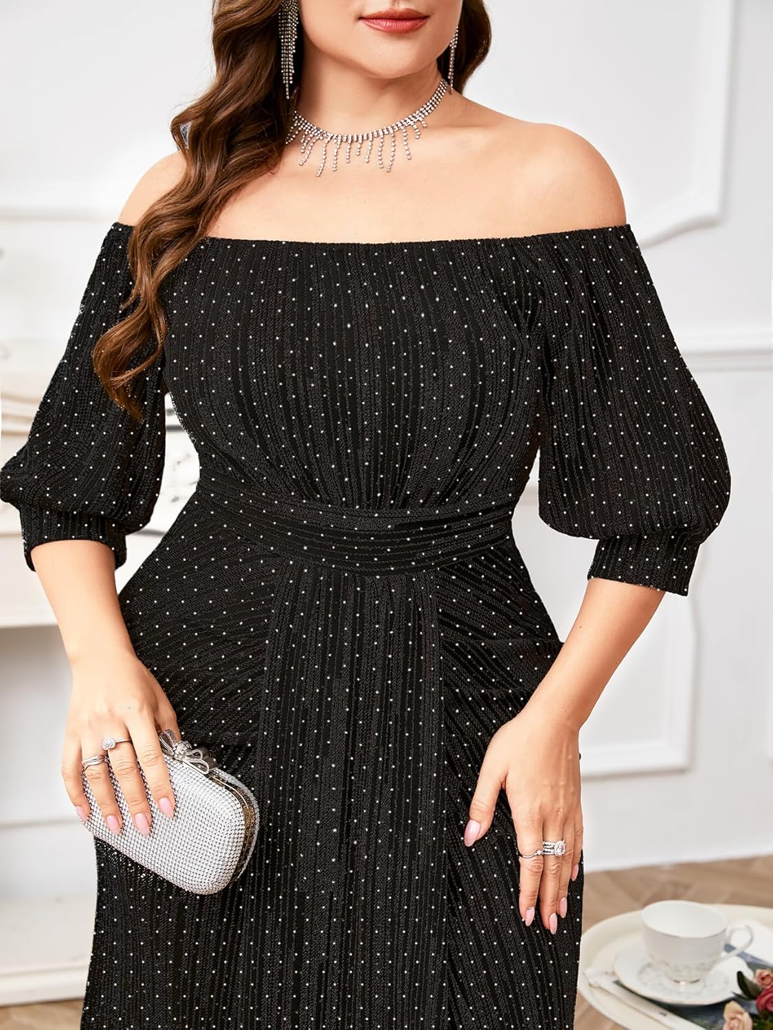 Plus Size Sparkly Formal Dress Off Shoulder Puff Sleeve Mermaid Maxi Dresses Cocktail Wedding Party Evening Gown - Image 3