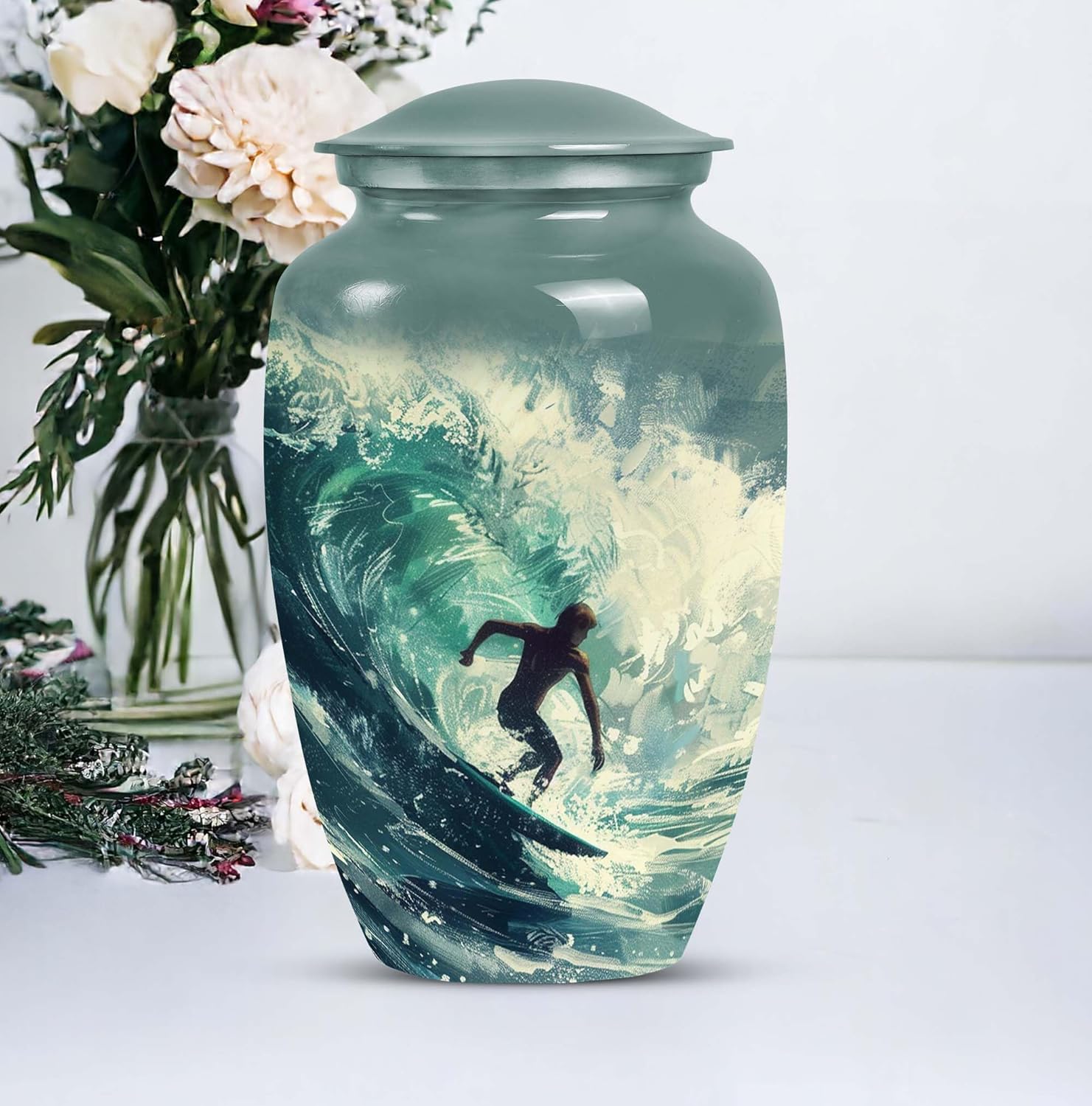 Urn for Ashes Adult Male, Urn for Ashes for Women, Surfing The Storm, Cremation Urn Human Ashes, Combo of 1 Large Urn with Velvet Bag and 4 Small Urns for Ashes, Urns for Human Ashes Adult Man