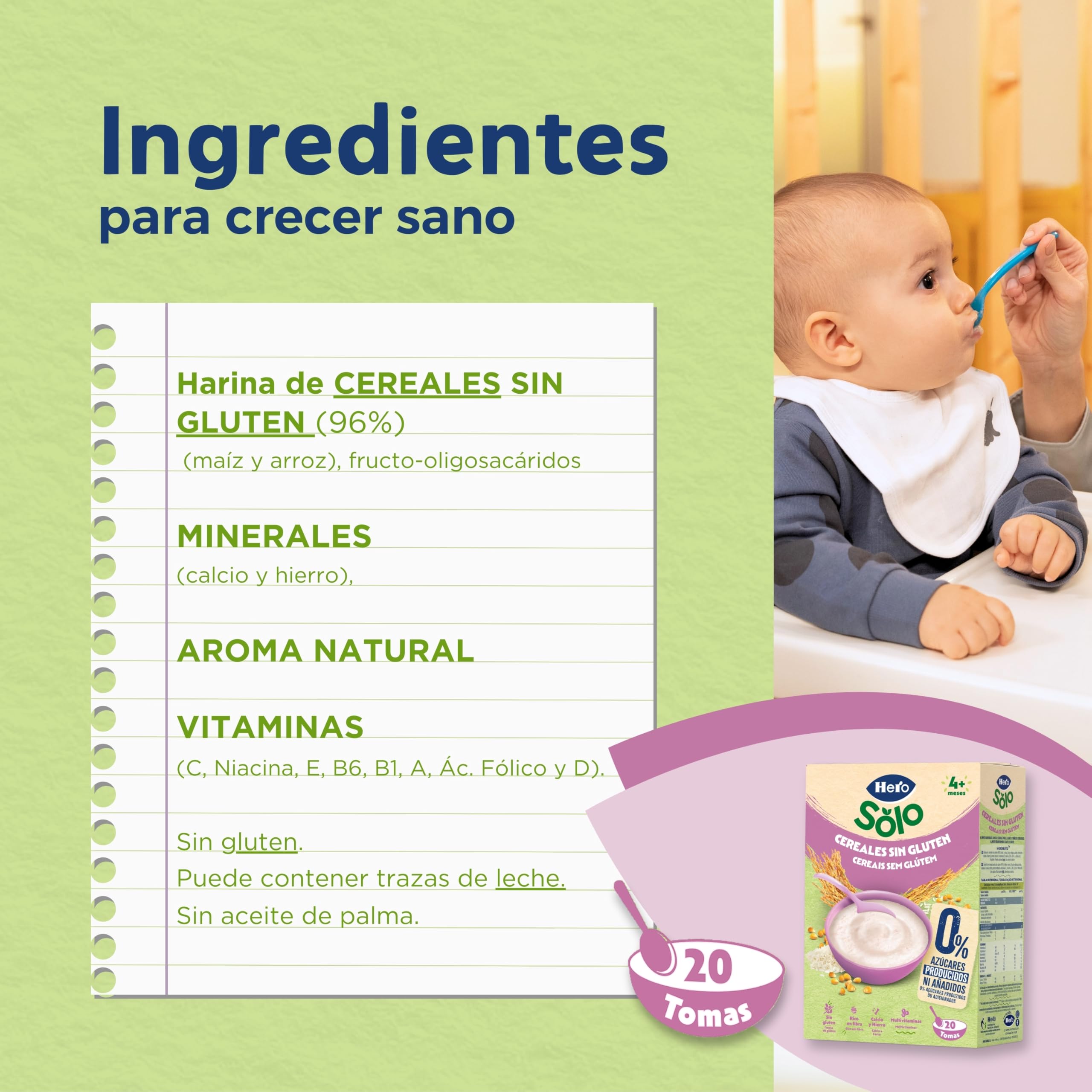 Hero Solo Papilla Cereales Sin Gluten ni Azúcares Añadidos, Rica en Fibras y Vitaminas, Sabor natural para Bebés, a partir de 4 meses