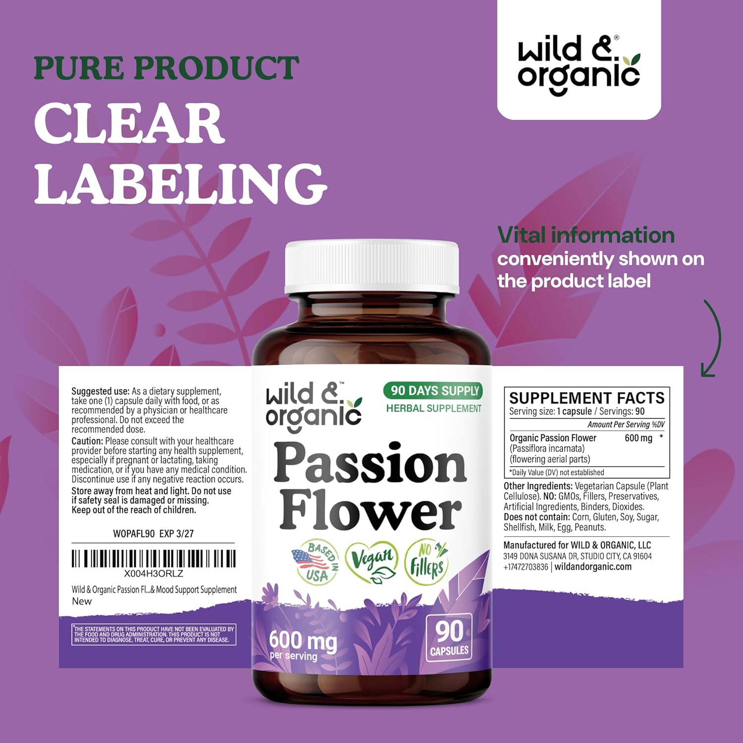 Wild & Organic Passion Flower Capsules 600 mg - Calming & Mood Support - Passionflower Extract Supplement - Passiflora Incarnata Herb - Vegan, No Fillers, Non-GMO - 90 Count - Image 7