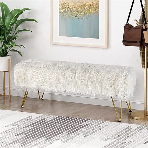 Miniatura 10 de Banco otomano de piel sintética de felpa suave azul para entrada, reposapiés peludo, 46 x 16 x 17 pulgadas, banco largo resistente para dormitorio,