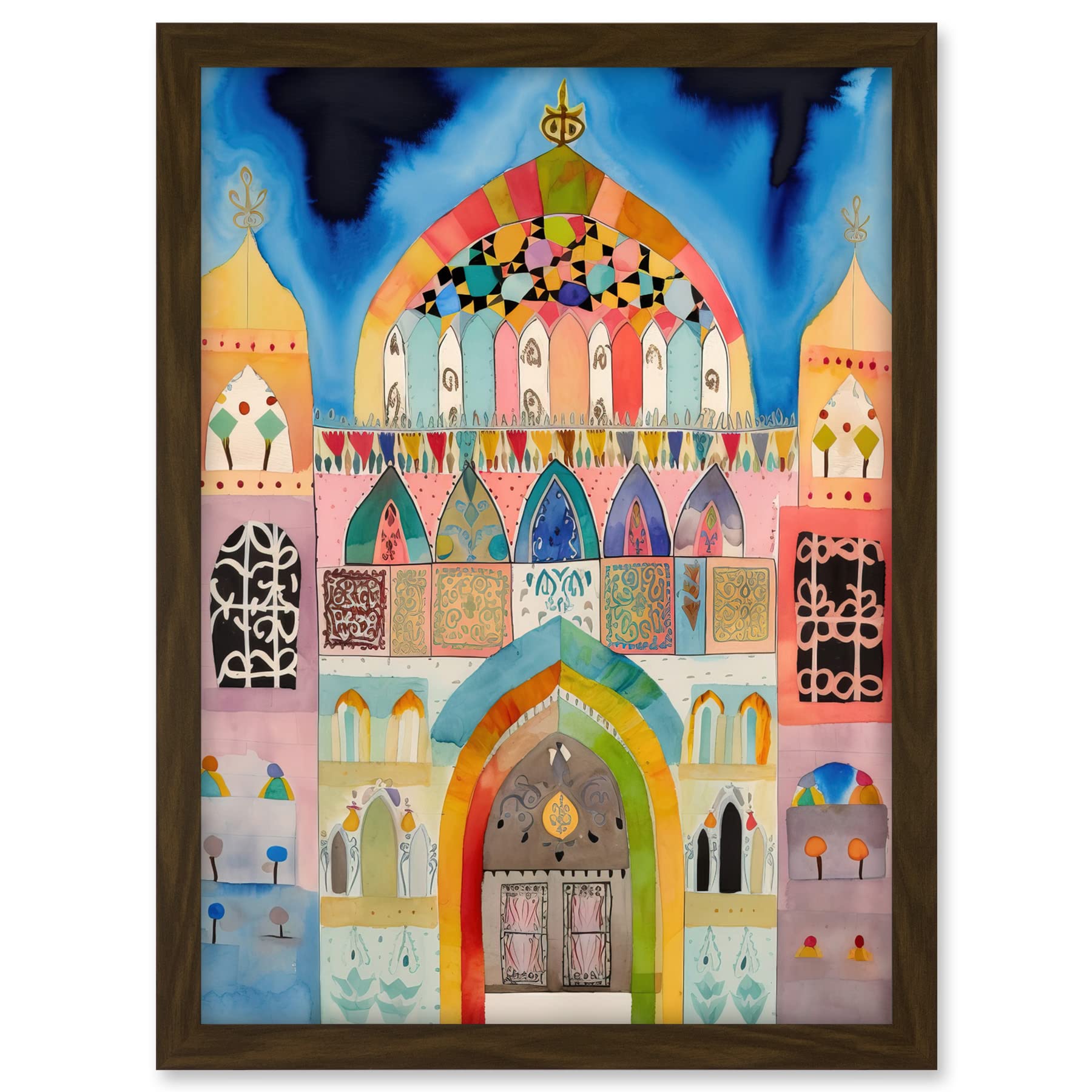 Artery8 Jewish Synagogue Decorated Facade Folk Art Watercolour Painting Artwork Framed A3 Wall Art Print