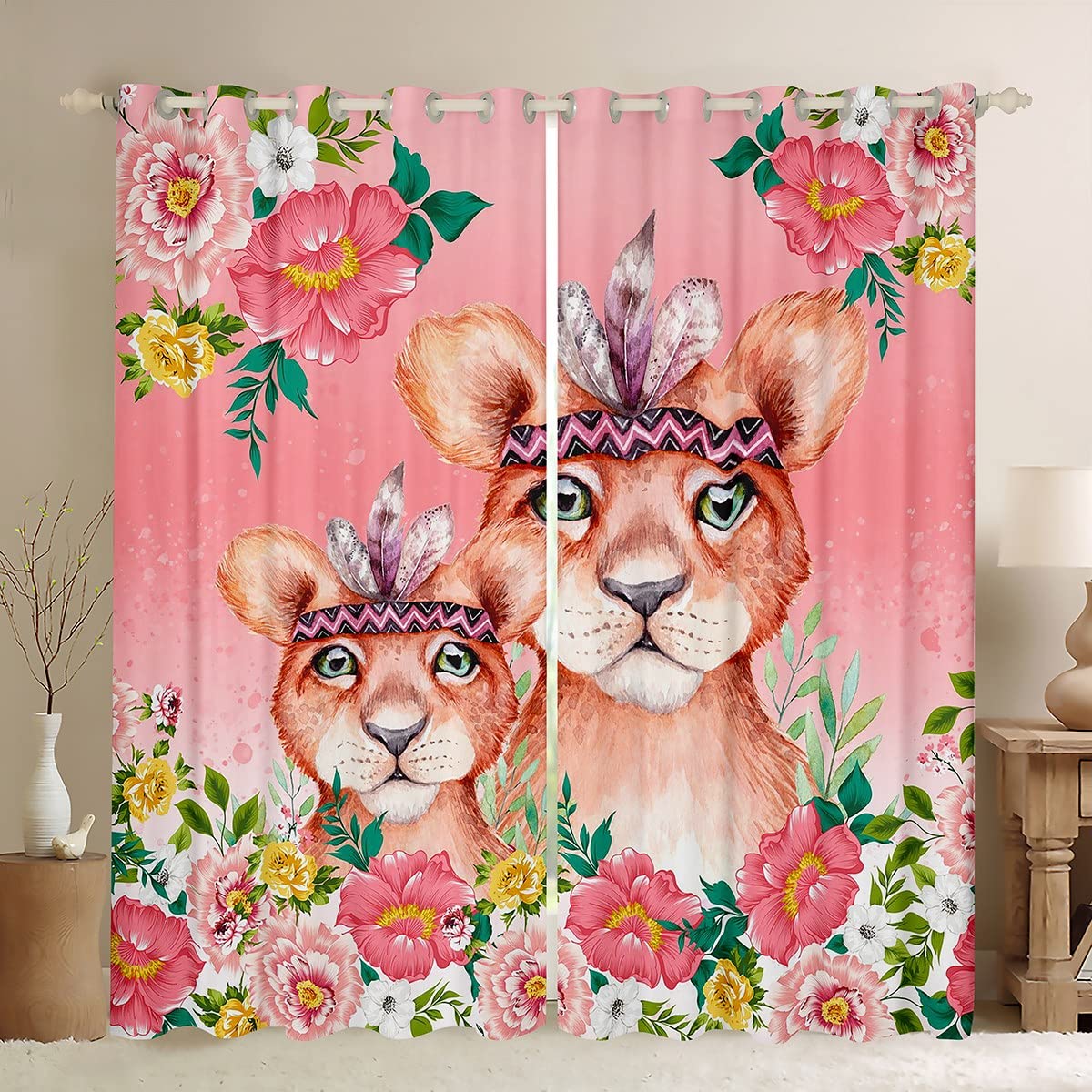 Loussiesd Leopard Darkening Window Drapes Pink Cheetah Curtain Floral Cute Animals Theme Blackout Curtainsfor Bedroom Safari Window Treatments Room W66*L72 — image 1