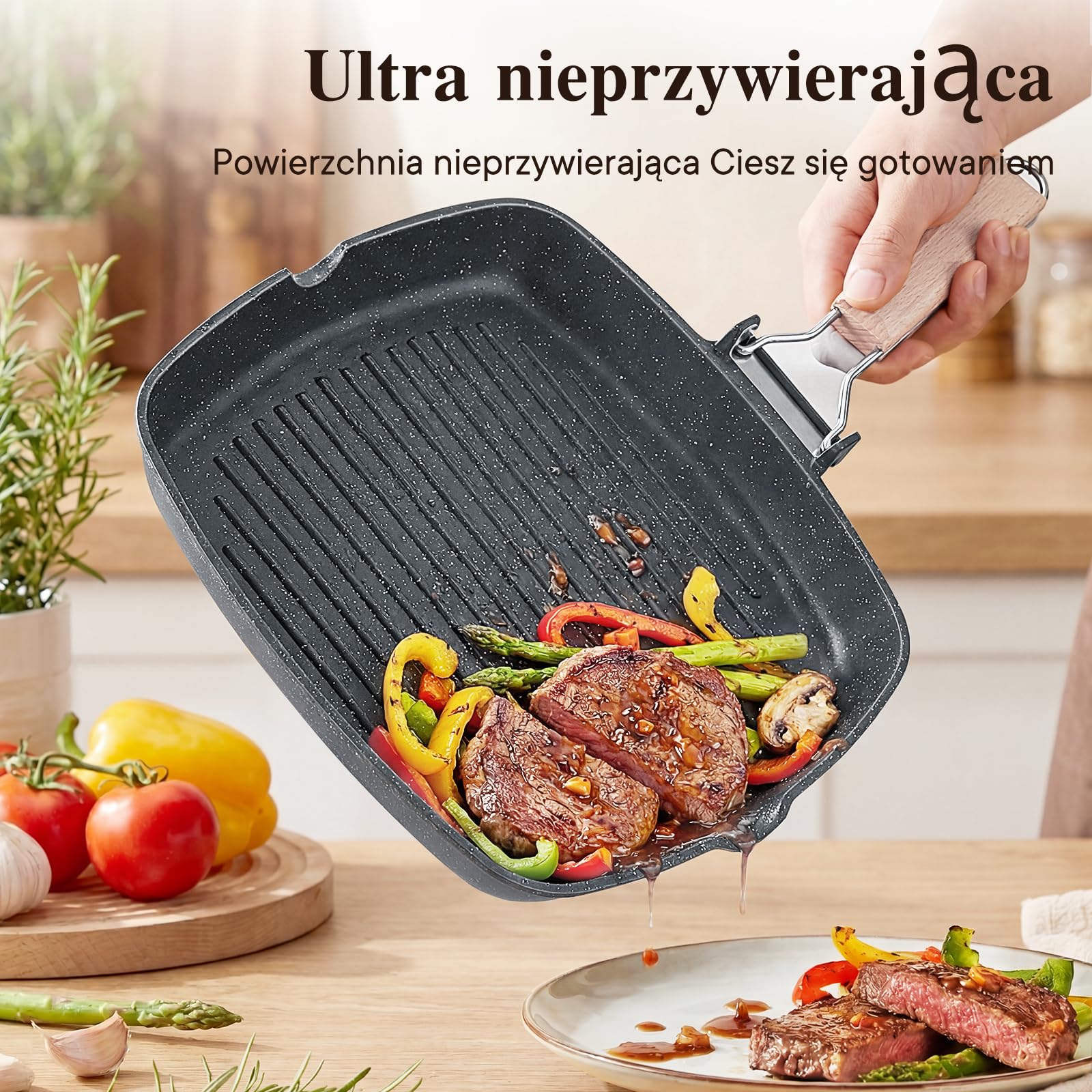 GiPP Nieprzywierająca, Składana Patelnia do Ggrillowania o Wymiarach 28x28 | Pasuje do różnych rodzajów kuchenek, w tym do kuchenek indukcyjnych; można myć w zmywarce; składany uchwyt