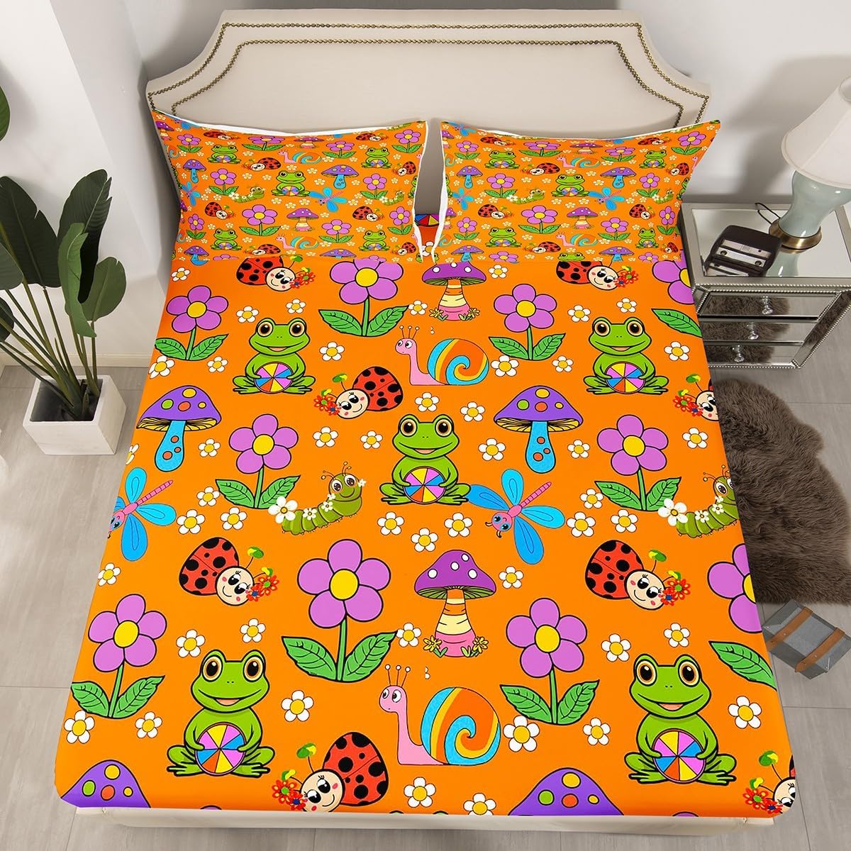 60s 70s 80s Fashion Bed Sheets Groovy Floral Flower Fitted Sheet Full Size, Cartoon Frog Snail Sheets Trippy Hippie Mushroom Bedding, Cute Ladybird Dragonfly Bed Cover Orange (Deep Pocket)