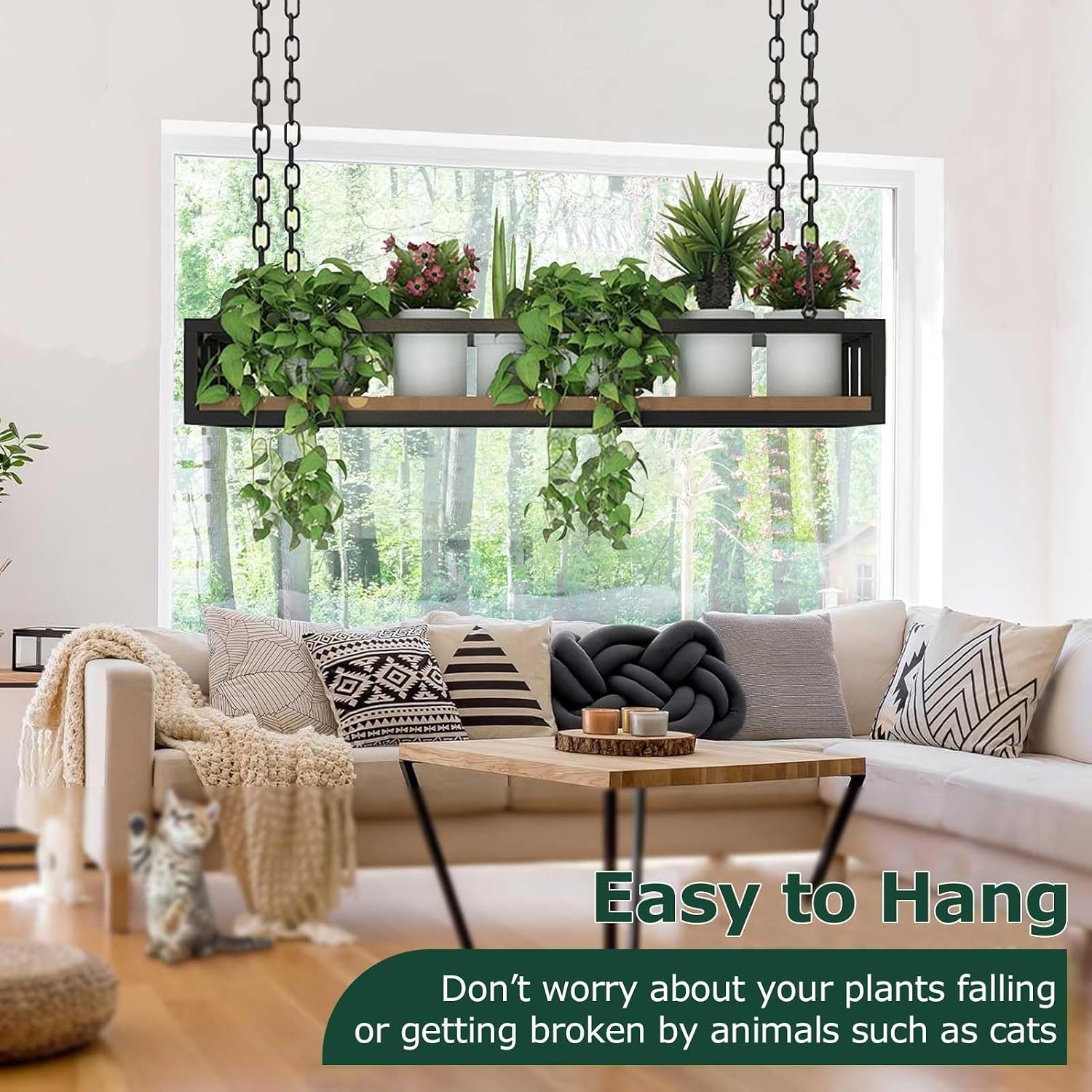 Ceiling Mount Grid Pot Pan Rack Hanger Organiser Ceiling Hanging Shelf Kitchen Storage Shelving Tray Holder Flower Stand Heavy Duty, Wood and Metal(120x25x15cm)