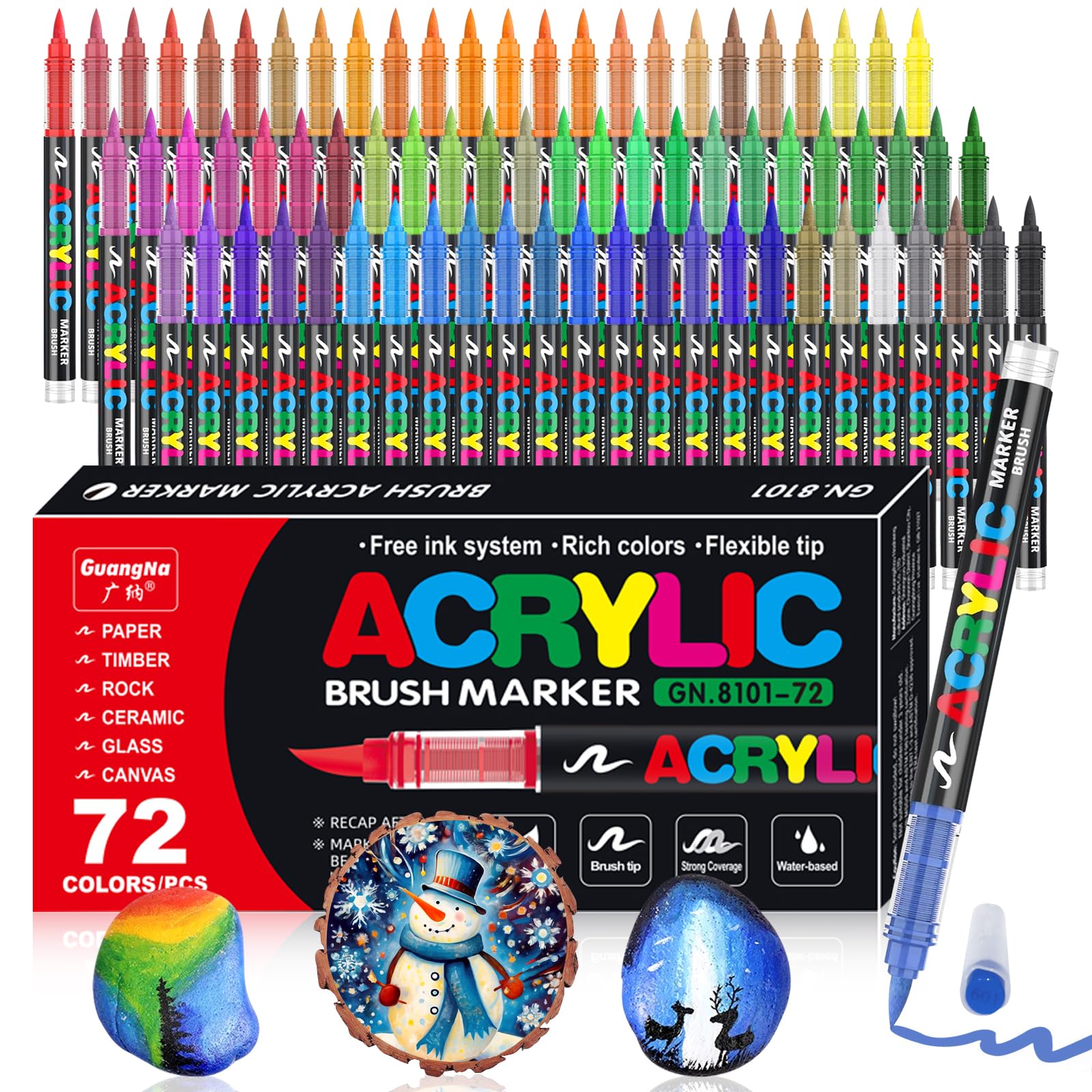 Bolígrafos de pintura acrílica, 72 colores, marcadores de pincel acrílico de 1 a 6 mm, juego de pinturas de punta de pincel a base de agua, bolígrafos artísticos para roca, vidrio, piedra, metal, tela