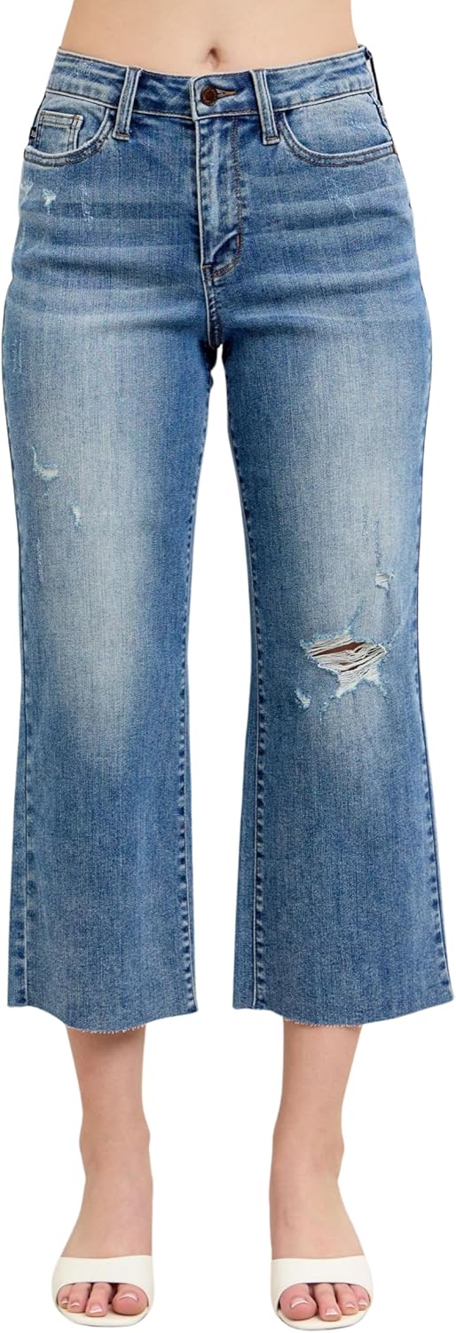 Judy Blue High Waist Back Pocket Embroidery Raw Cut Hem Crop Wide 88475