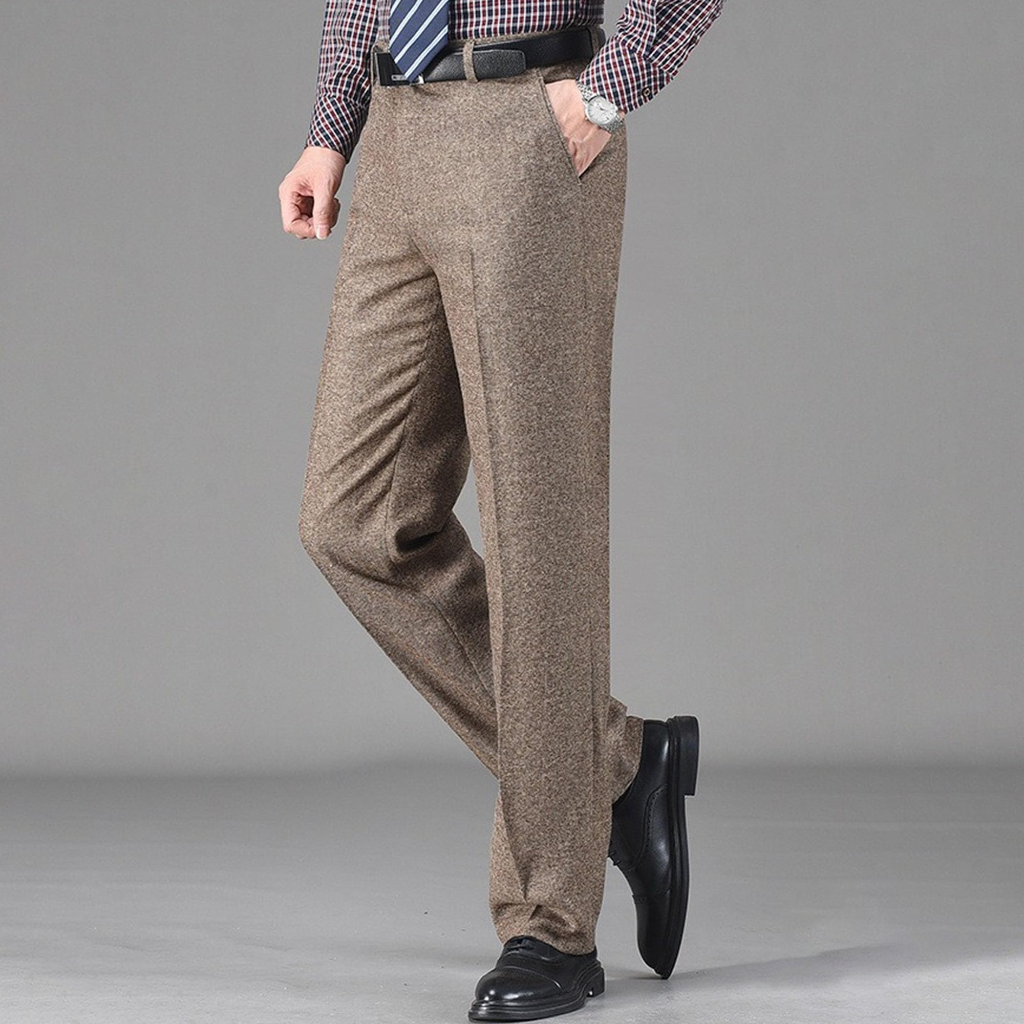Pantaloni da uomo in stile retrò, in tweed a spina di pesce, in lana spessa, stile casual, a spina di pesce, pantaloni per tutti i giorni