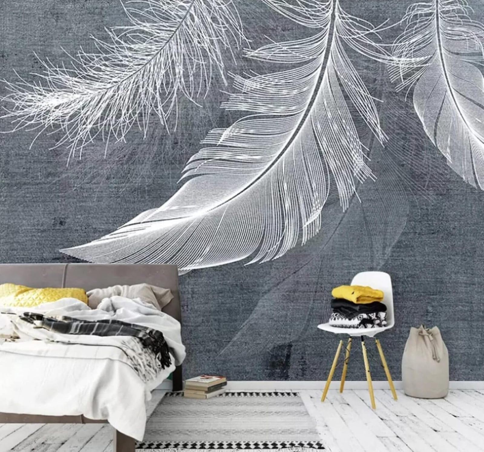 XLMING Abstract Vintage Minimalist White Feathers 3D Wallpaper Luxury Home Dining Decor Paste Sofa Living Room The Wall for Bedroom Mural-200cm×140cm