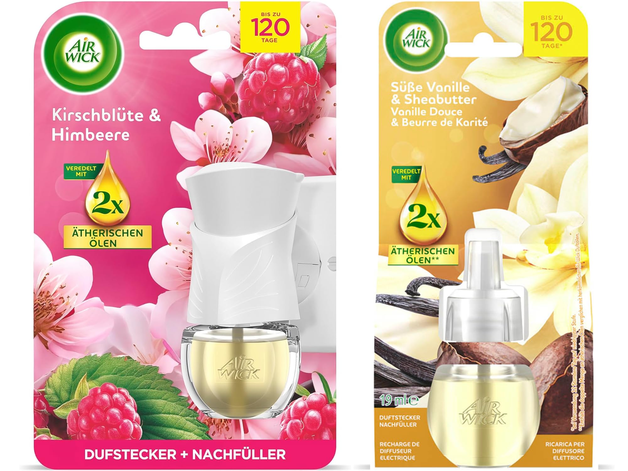 Air Wick Duftstecker Starter-Set Paket inklusive 1 Geräte & 1 x 19ml Kirschblüte & Himbeere Nachfüller & 1 x Süße Vanille & Sheabutter 19ml Nachfüller