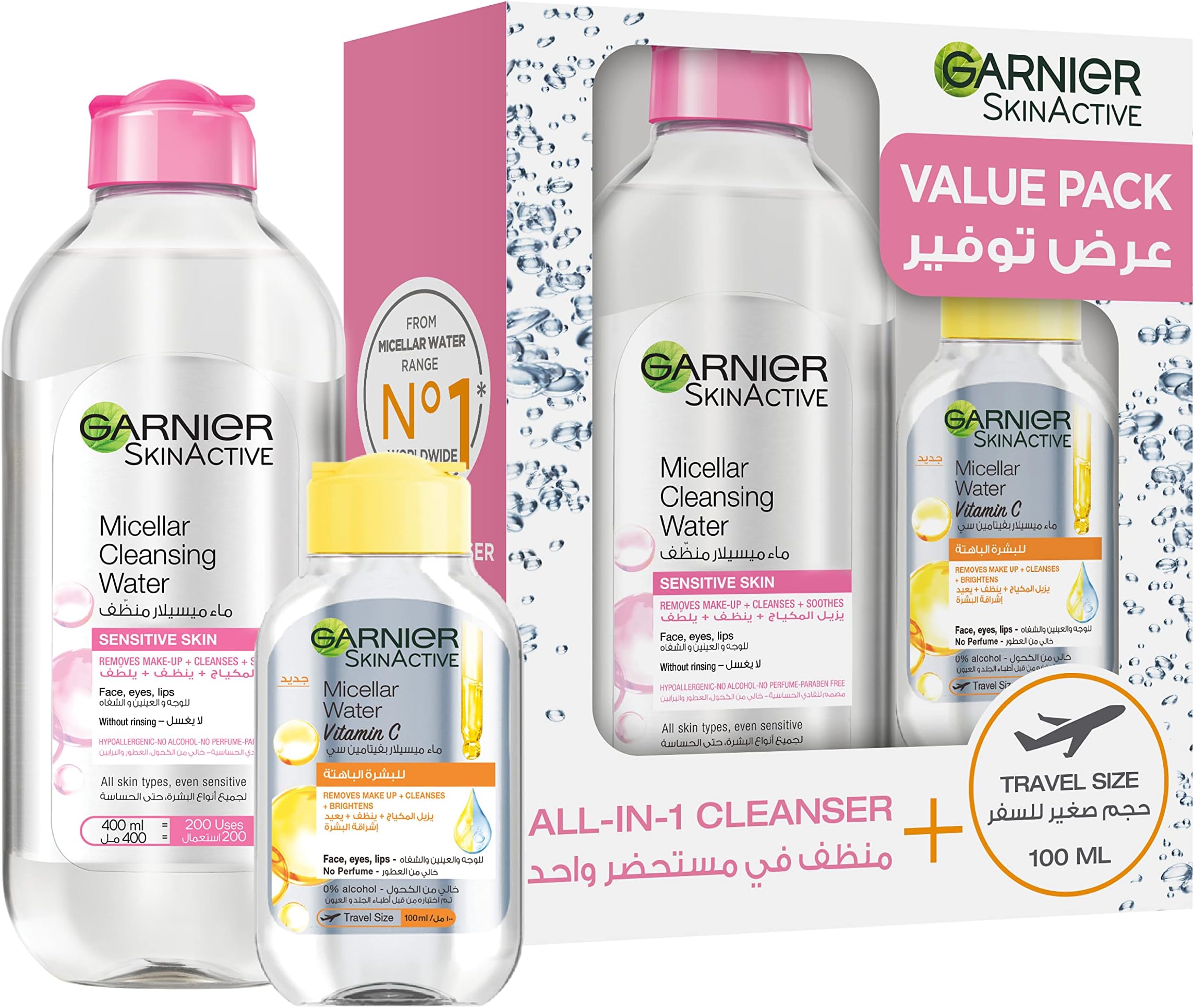 Garnier Skinactive Micellar Cleansing Water Classic 400Ml + Bright With Vitamin C 100Ml