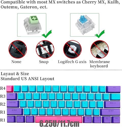 Miniatura 5 de GTSP 61 Teclas 60 por ciento, Ducky One 2 Mini Teclas Gruesas PBT OEM RGB Keycap Set con Extractor de Teclas para Cherry MX Switches GK61RK61Anne