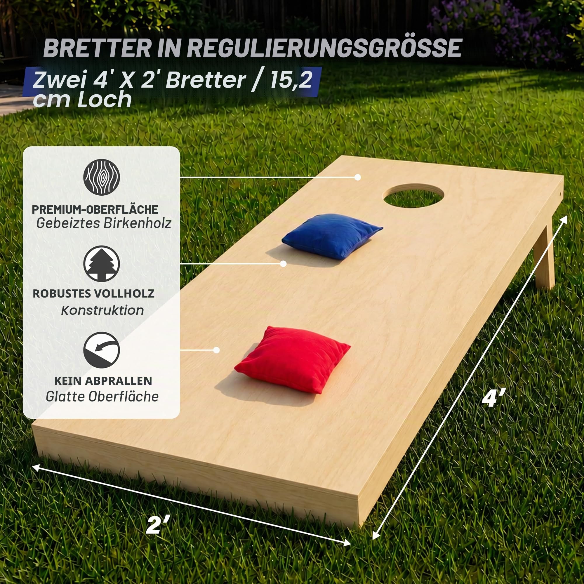 GoSports Premium-Cornhole-Sets aus Massivholz, wähle 1,2 x 0,6 m oder 91 x 61 cm, Spielbretter enthalten 8 Cornhole Toss Bags