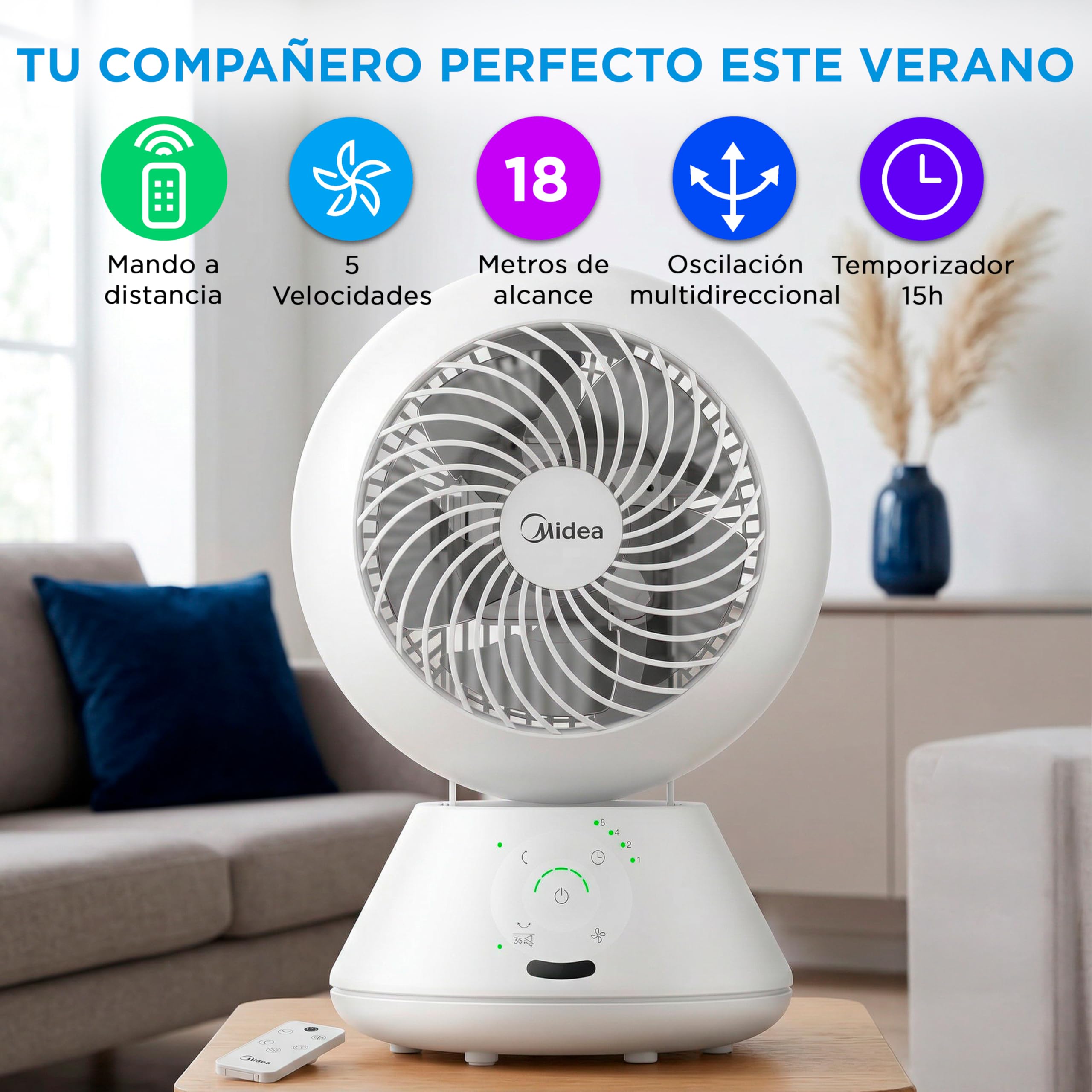 Midea Ventilador de Mesa Silencioso de 5 Velocidades con Mando a Distancia - Ventilador Pequeño Portatil con Oscilación Automática 120º + 105º, Temporizador de 15 horas - Alcance de hasta 15 metros