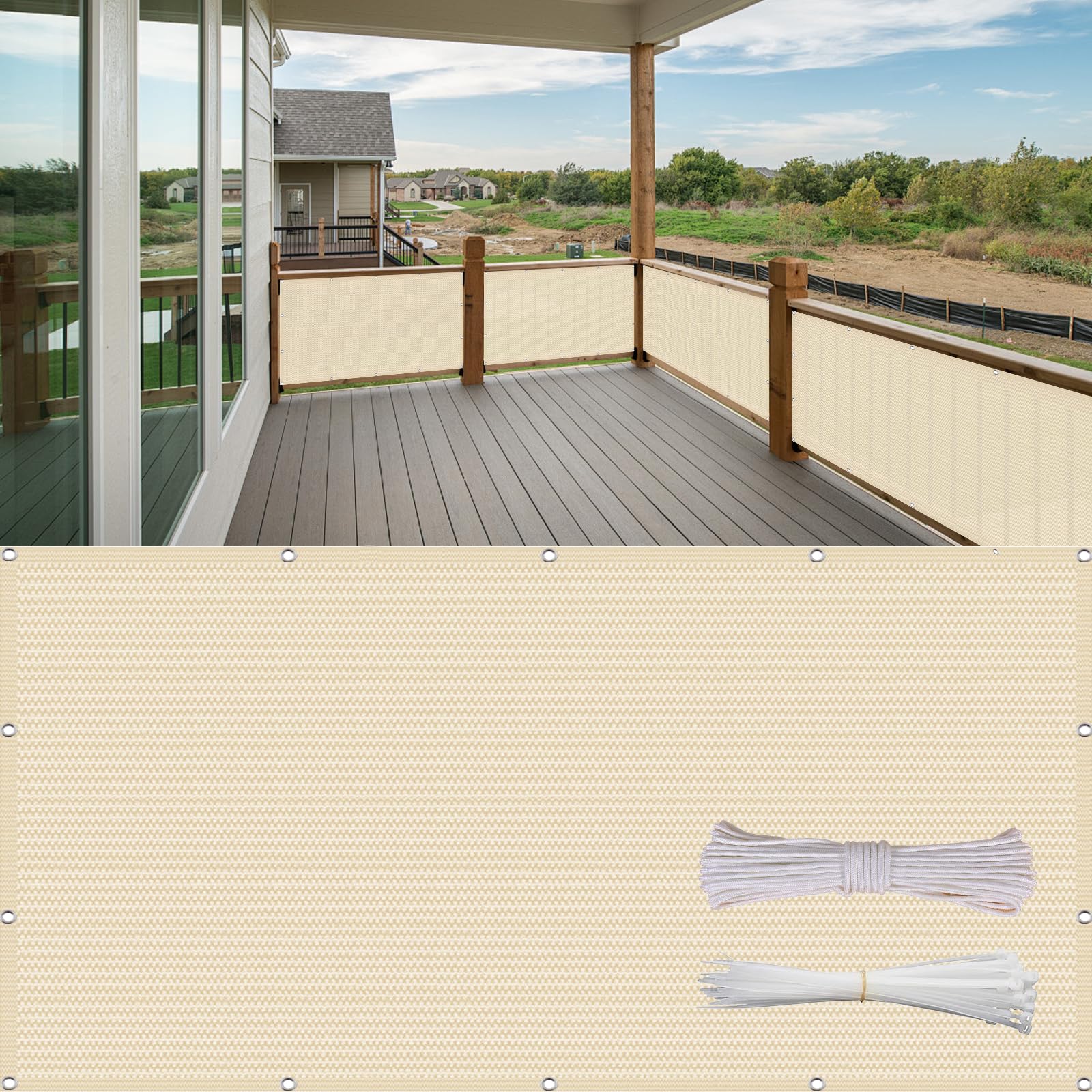 Copri Balcone 56 x 750 cm in HDPE 220G ㎡, Permeabile, Anti-Uv, Frangivento, Protezione Solare, Copri Ringhiera Balcone Esterno con Fascette e Funi para Exterior Terraza, Color Crema
