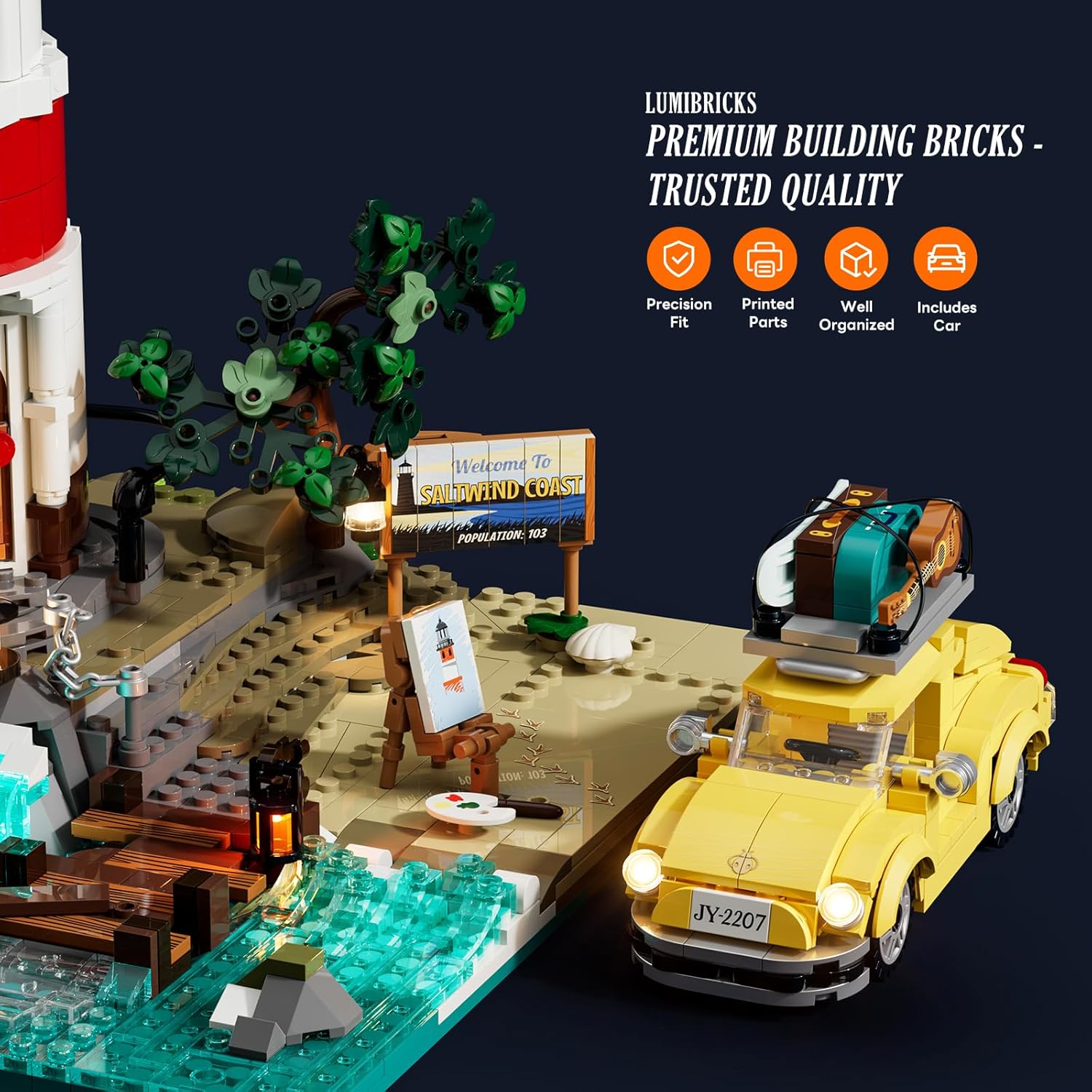 City Sunrise Lighthouse Lighting-Building-Bricks-Set - 1632 Pcs Road Trip Lighthouse Modular Collection LED Light Building Set for Adults and Travelling Enthusiasts