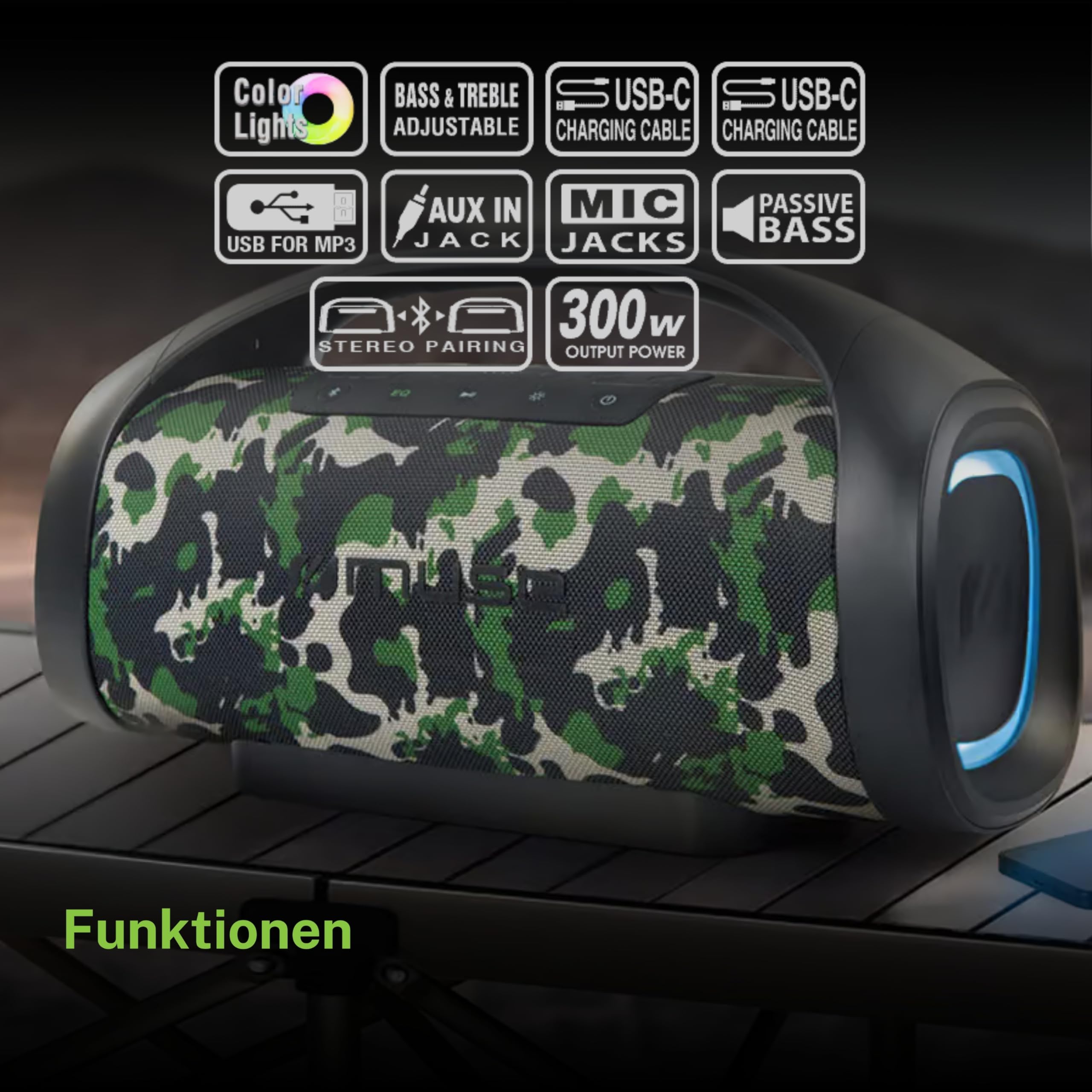 Muse M 980 AC. Odporny na zachlapanie głośnik Bluetooth z wbudowanym światłem, moc 300 W, możliwość pary stereo. Koncektor ładowania USB-C, port USB do ładowania i zbicia.
