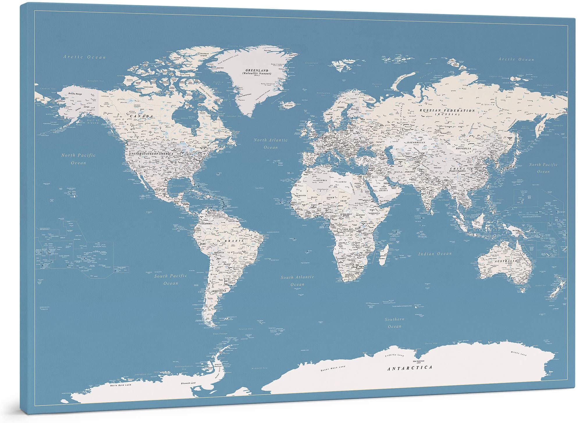 World Map Pin Board - Large Canvas Map of the World with 100 Push Pins - Light Blue - Fine Art Quality Guaranteed - 3 Sizes to Choose (M; L; XL)