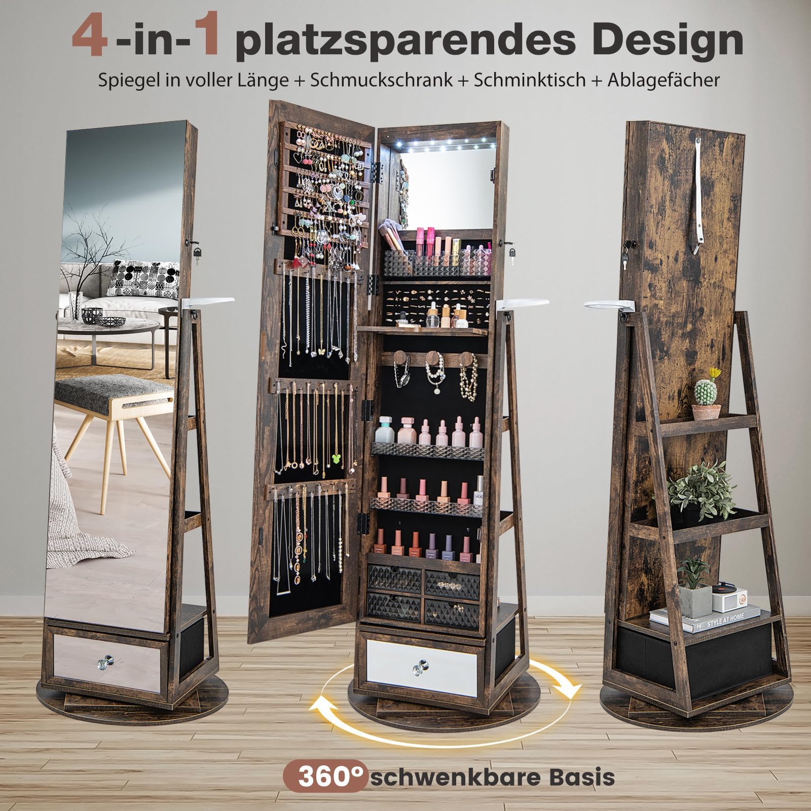 RELAX4LIFE Schmuckschrank 360° drehbar, 4-in-1 Spiegelschrank mit LED-Lichts & Schubladen & Regalen Schmuckaufbewahrung Ganzkörperspiegel, Schmuckständer abschließbar (Rustikales Braun)