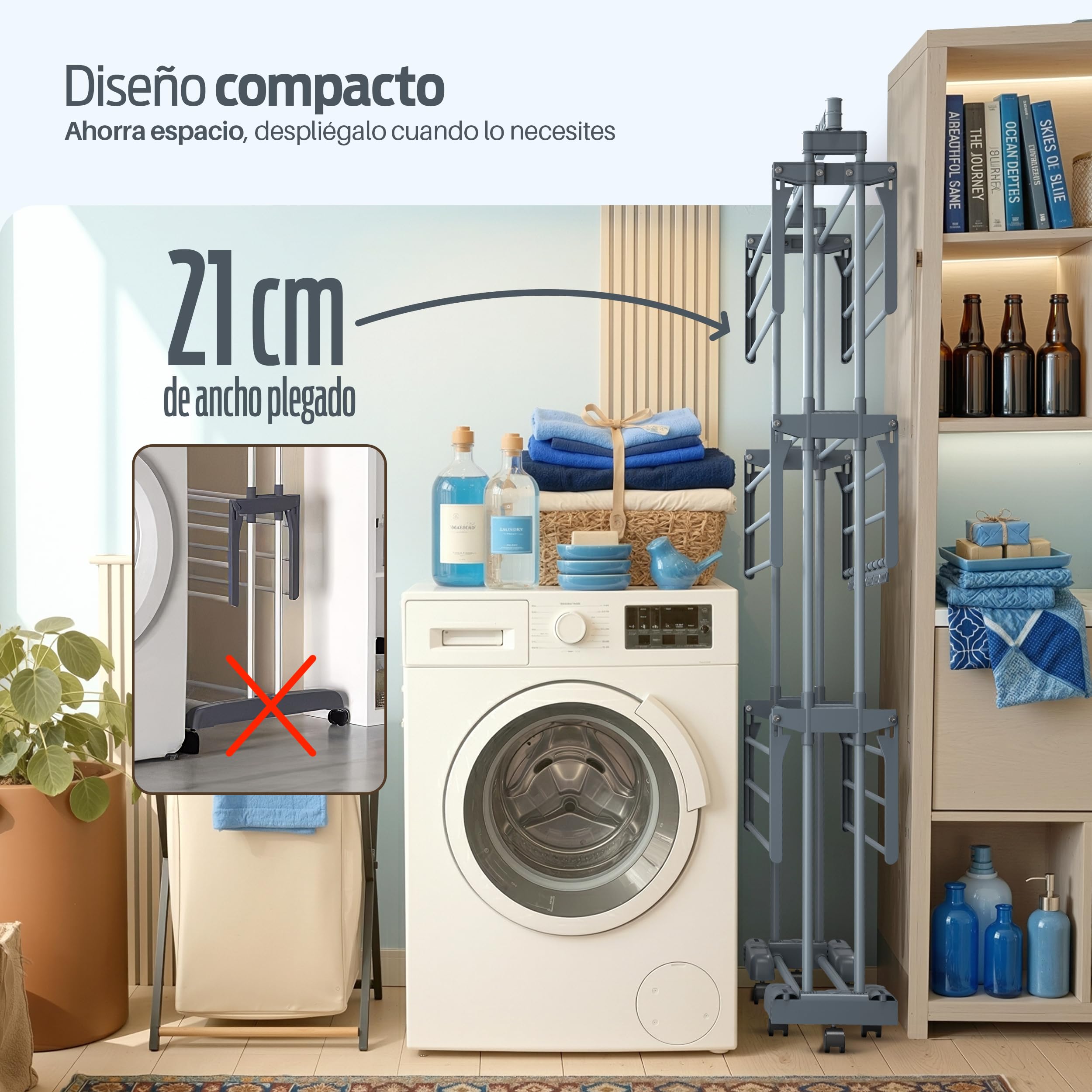 PORTENTUM Tendedero Vertical Plegable con 4 Niveles y 24 Barras de Secado – hasta 40 kg – Tenderete con 2 Accesorios para Calcetines y 2 alas Laterales para Perchas – Ruedas giratorias con Freno
