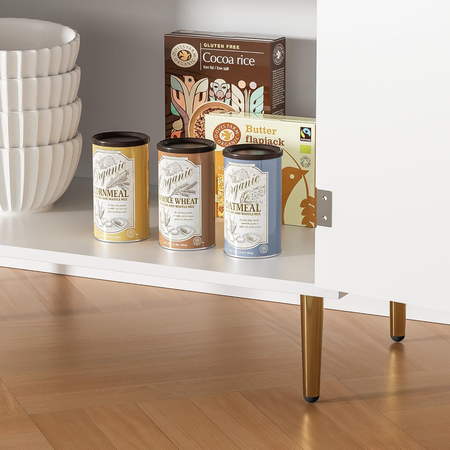 Housoul Fluted Buffet Sideboard Cabinet with 2 Doors, Modern Kitchen Cabinet with Golden Handles & Legs, Adjustable Shelf, Accent Coffee Bar Storage Sideboard for Kitchen, Living Room, White