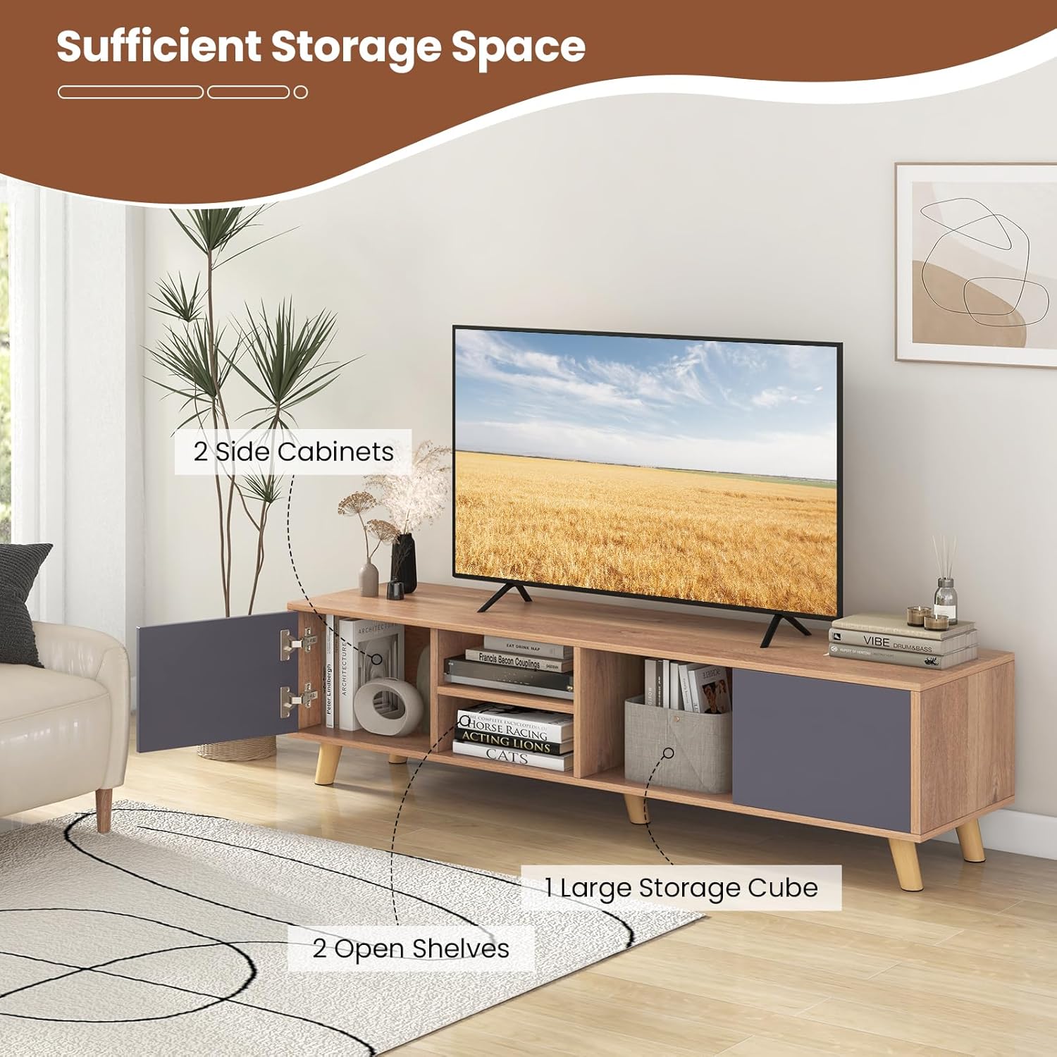 Tangkula TV Stand for TVs up to 65 Inch, Media Entertainment Center with 2 Doors, Open Shelves, TV Console Table with 3 Cable Management Holes, TV Cabinet for Living Room (Natural + Gray, for 65" TV)
