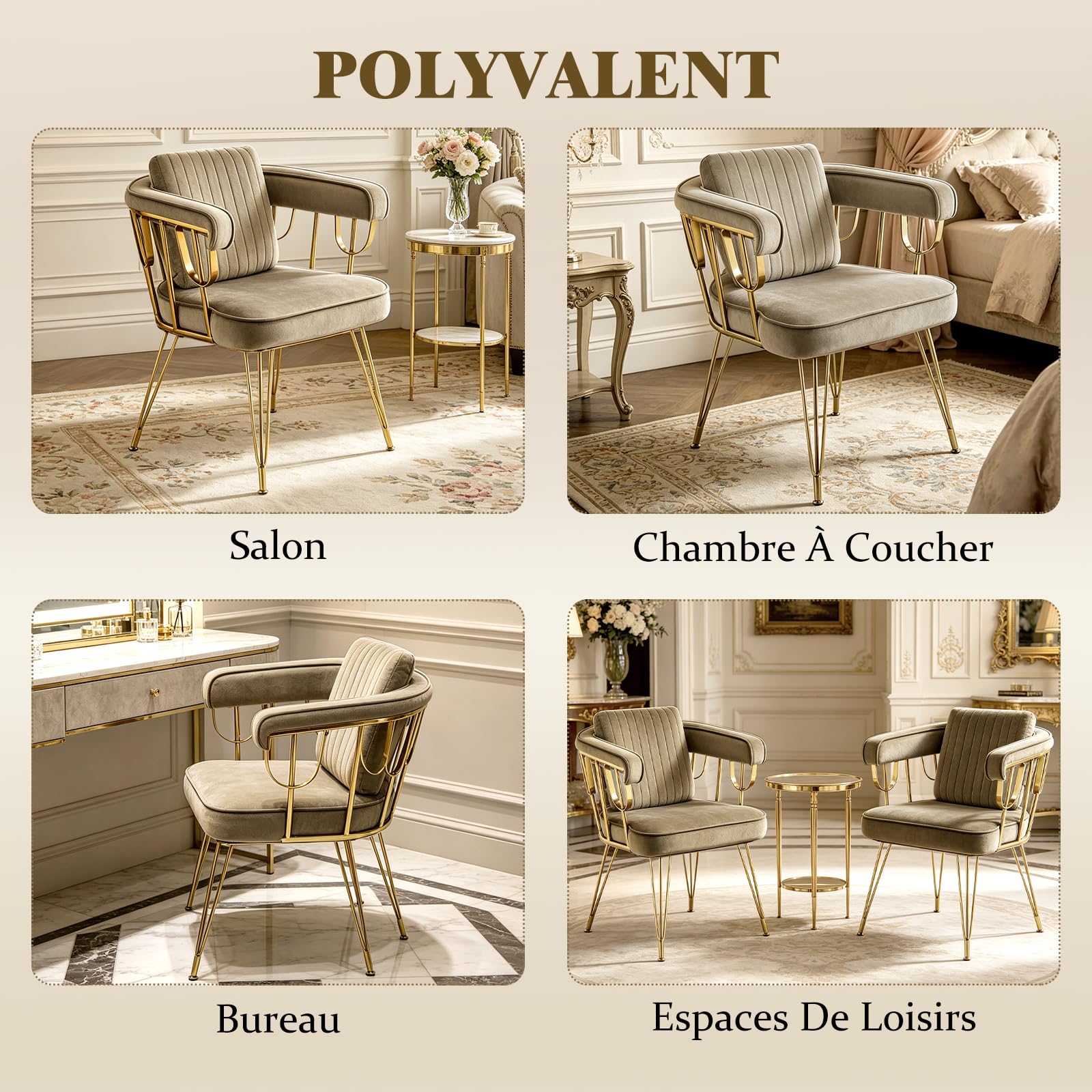 Hellove Chaise Coiffeuse Velours avec Accoudoirs, Fauteuil Salon Métal Doré – Vanity Chaise Moderne pour Chambre à Coucher, Salle à Manger, Coussin Décoratif Inclus, Brun