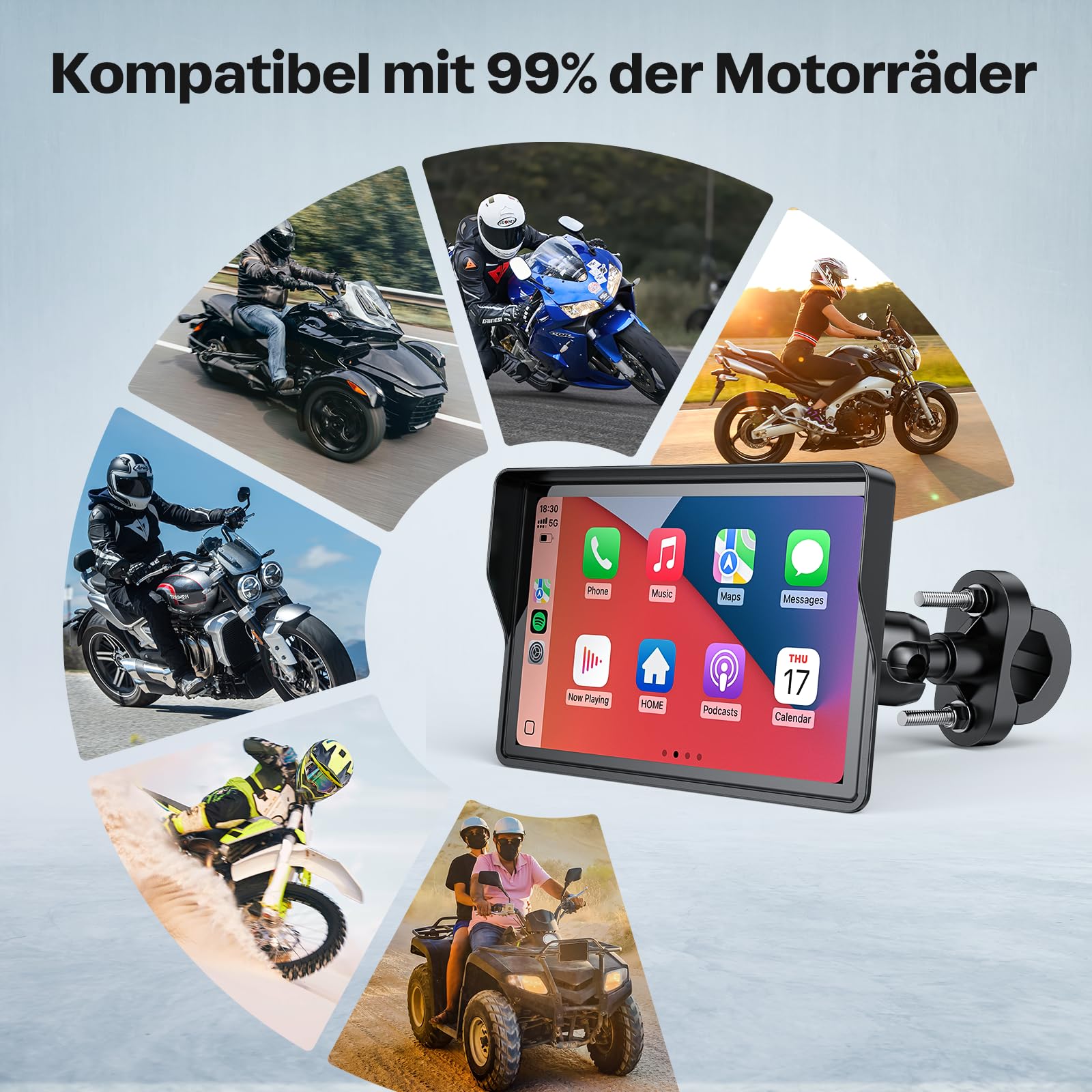 WonVon 5 Zoll Motorrad Carplay Display Motorrad Navigationsgeräte mit Motorrad Navi CarPlay & Android Auto Wasserdicht Motorräder Display mit Bluetooth Sprachassistenten Magnetische Halterung