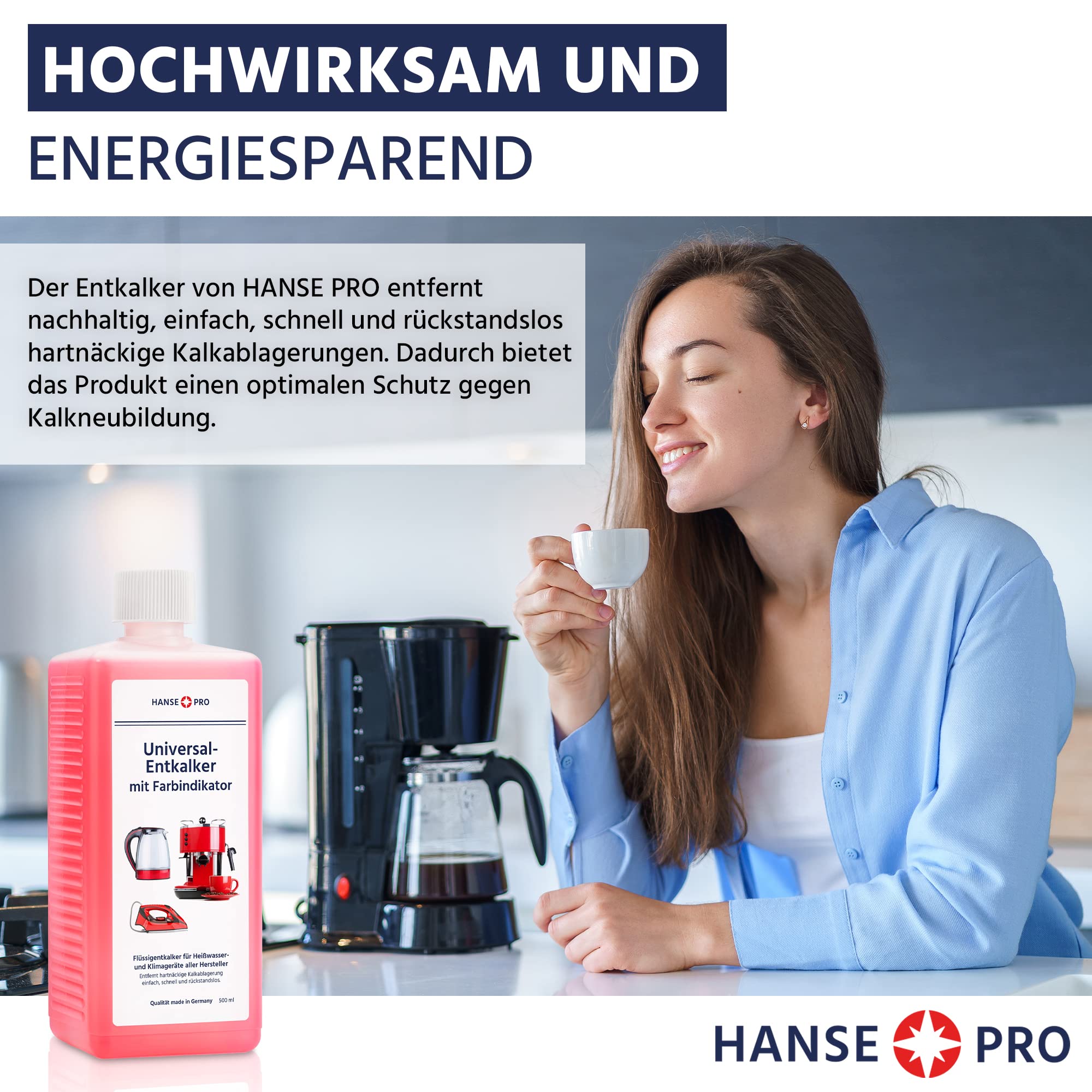 HANSE PRO Universal-Entkalker mit Farbindikator, 4 x 1000 ml I Flüssig-Entkalker I Kalklöser I universell einsetzbar I für Kaffeevollautomat, Kaffee-Maschine usw.