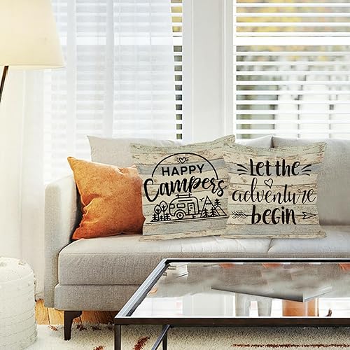 Miniatura 2 de Fundas de almohada decorativas con temática de campamento, 2 x 18 x 18 pulgadas, mezcla de lino y algodón beige, impresión de letras rústicas,