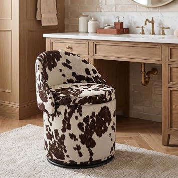DUOMAY Modern Round Swivel Vanity Storage Stool with Foldable Backrest, Linen Upholstered Ottoman with Removable Lid, Footrest Makeup Stool for Living Room Bedroom, Brown Milk Cow